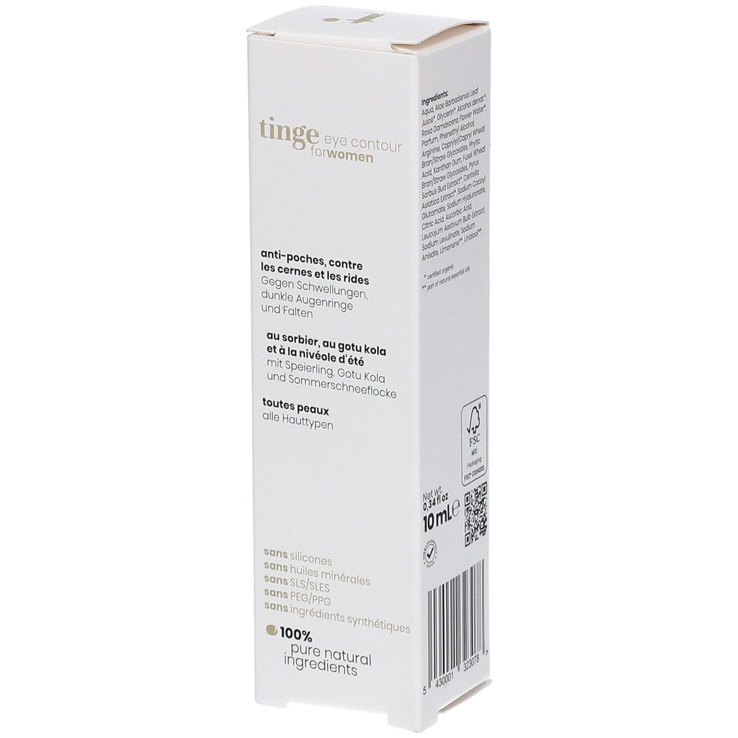 Tinge Eye Contour for women Umverpackung, Seite mit Produktbeschreibung.