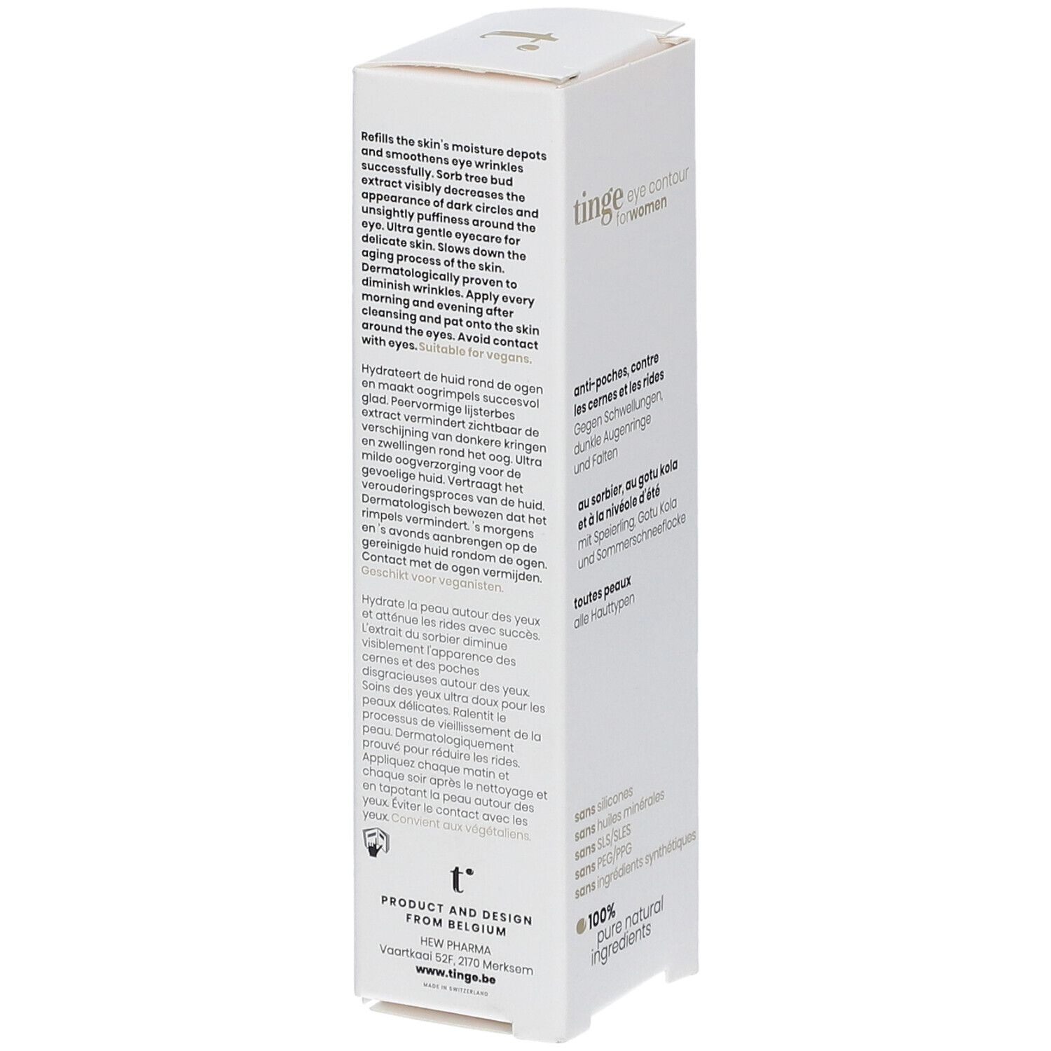 Tinge Eye Contour for women Umverpackung, Seite mit Anwendungshinweisen.
