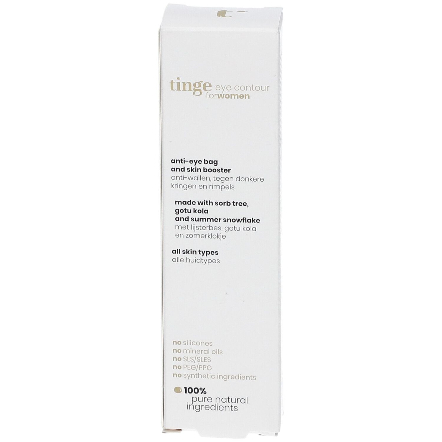 Tinge Eye Contour for women Umverpackung, Seite mit Produktvorteilen.