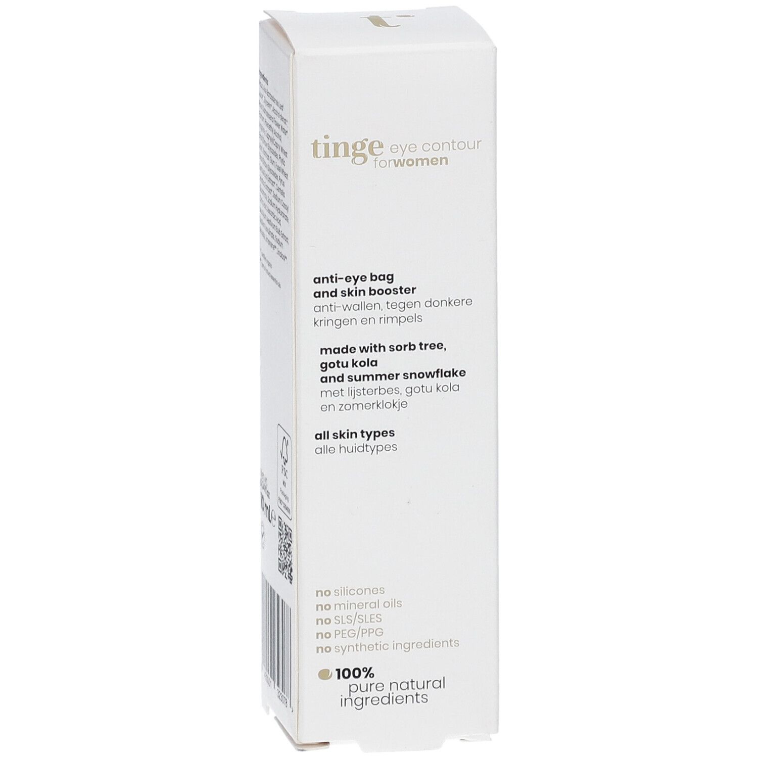 Tinge Eye Contour for women Umverpackung, Seite mit Produktmerkmalen.
