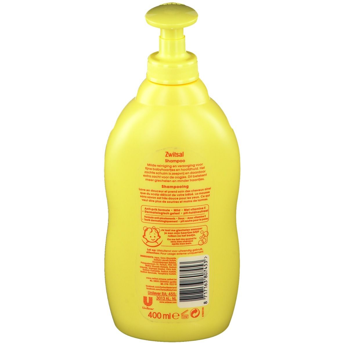Gelbe Zwitsal Baby Shampoo Flasche mit Pumpverschluss. Text auf Niederländisch und Französisch. 400 ml.