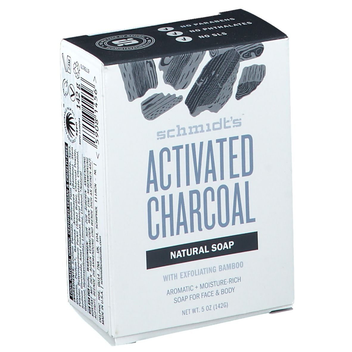 Verpackung mit Aufschrift 'Activated Charcoal Natural Soap'. Enthält 5 oz (142g). Mit Bambus und für Gesicht & Körper.