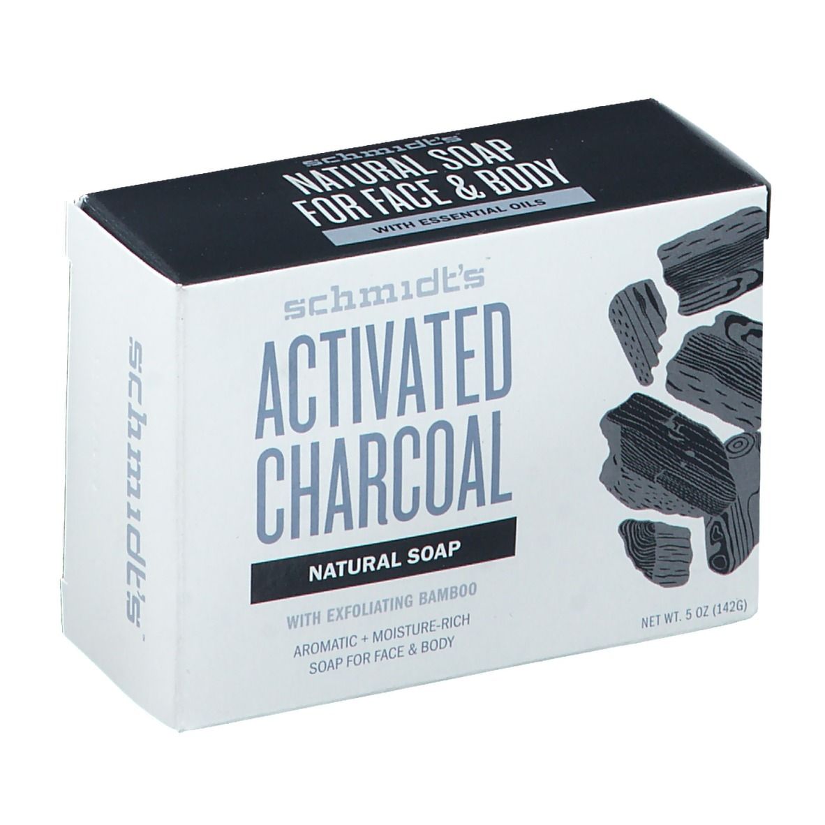 Verpackung 'Activated Charcoal Natural Soap'. Enthält 5 oz (142g). Mit Bambus und für Gesicht & Körper. Mit ätherischen Ölen.