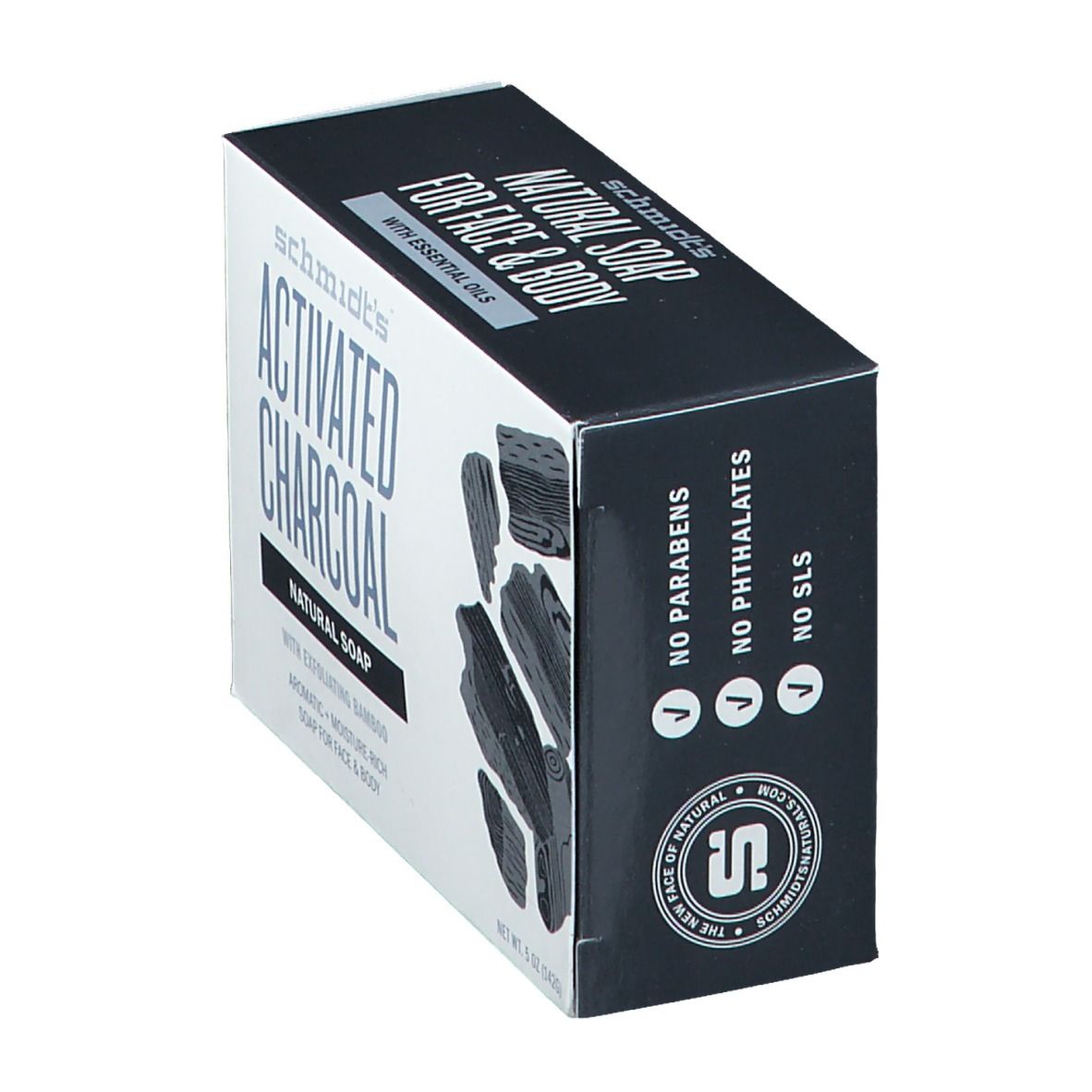 Verpackung 'Activated Charcoal Natural Soap'. Enthält 5 oz (142g). Mit Bambus und für Gesicht & Körper. Frei von Parabenen, Phthalaten, SLS.