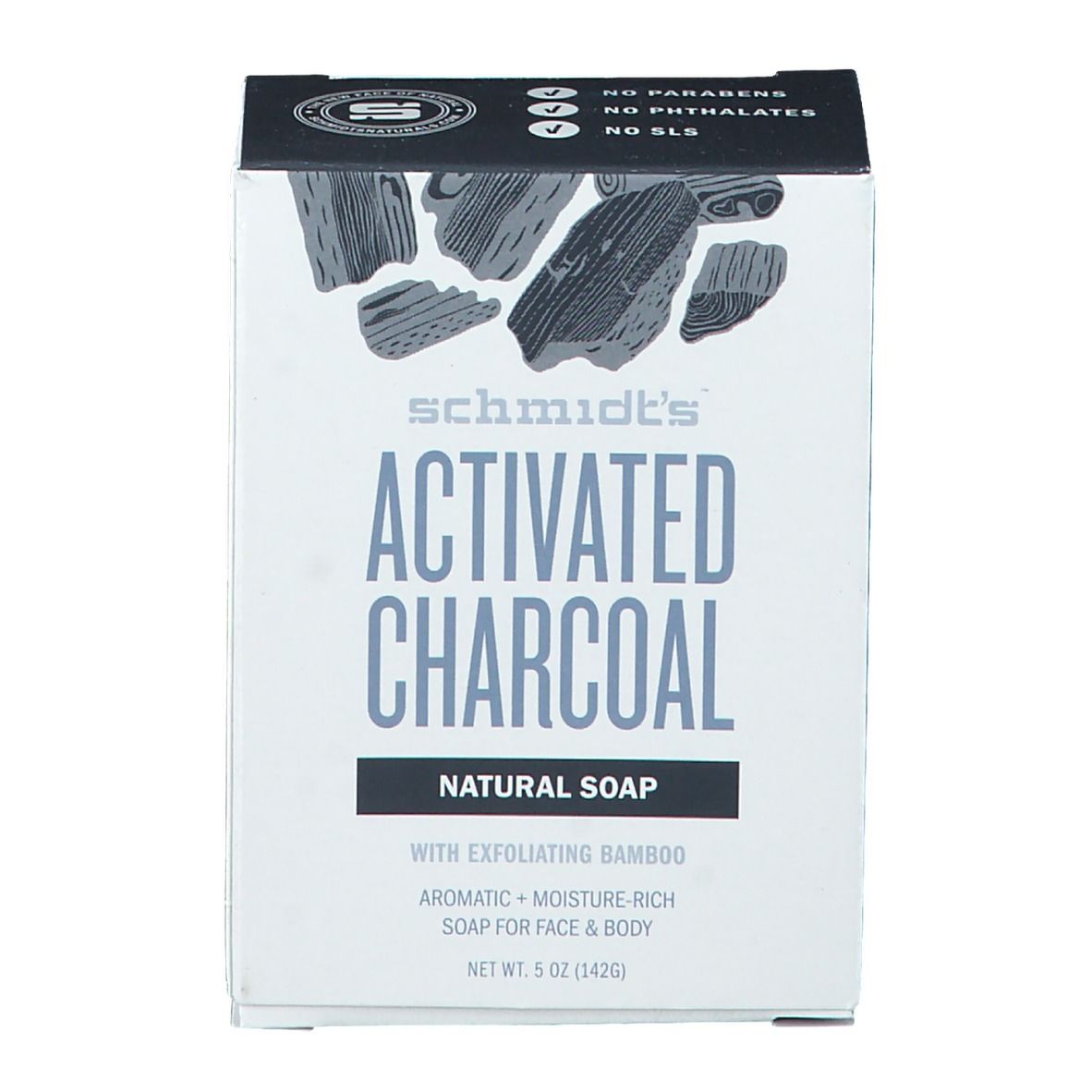 Verpackung 'Activated Charcoal Natural Soap'. Enthält 5 oz (142g). Mit Bambus und für Gesicht & Körper. Ohne Parabene, Phthalate, SLS.