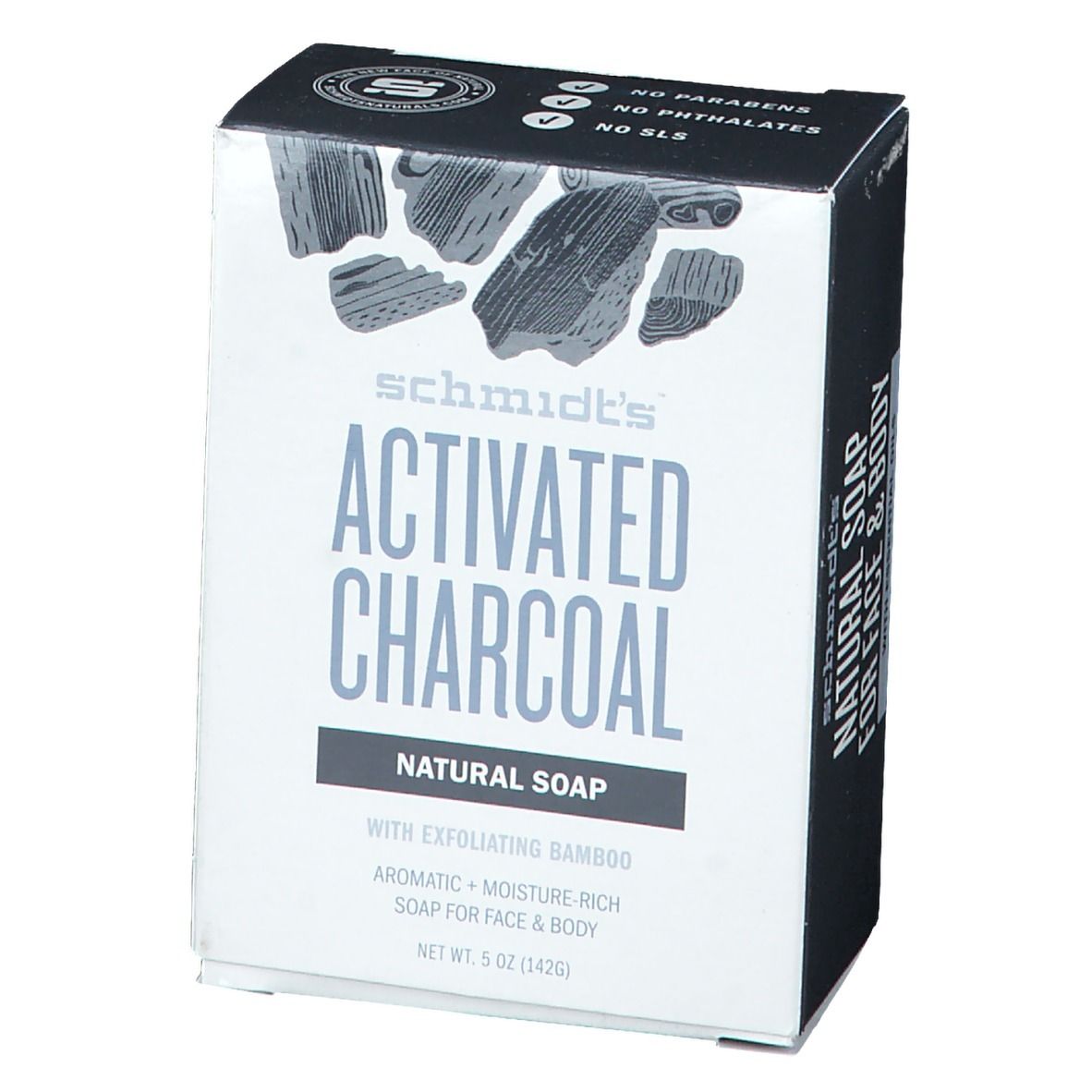 Verpackung 'Activated Charcoal Natural Soap'. Enthält 5 oz (142g). Mit Bambus und für Gesicht & Körper. Ohne Parabene, Phthalate, SLS.