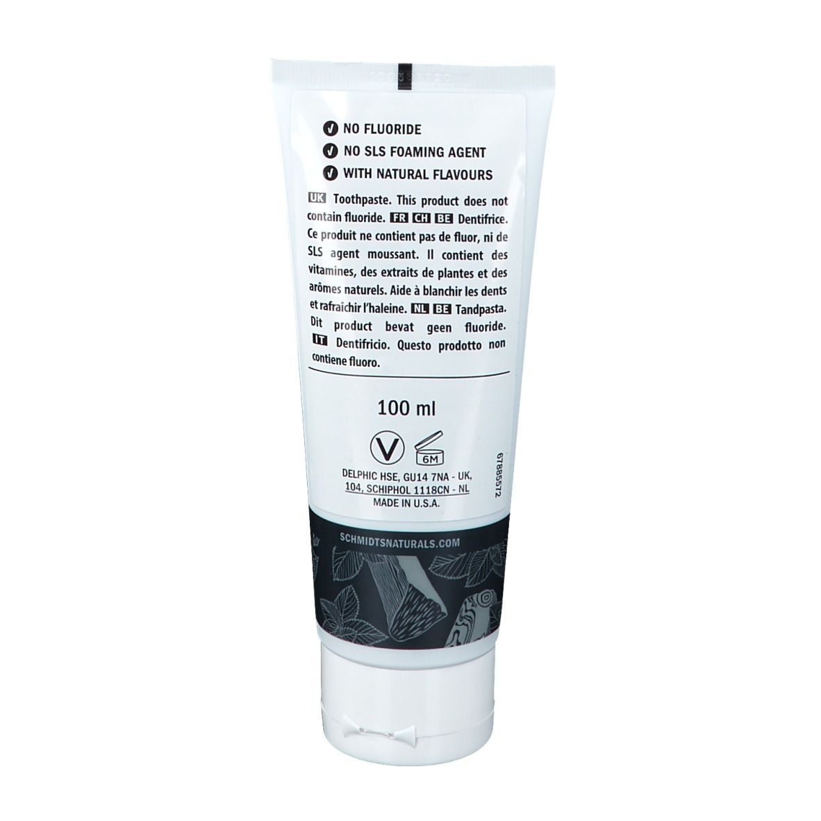 Rückseite der Zahncremetube. Enthält Informationen über Inhaltsstoffe und Zertifizierungen. 100 ml.
