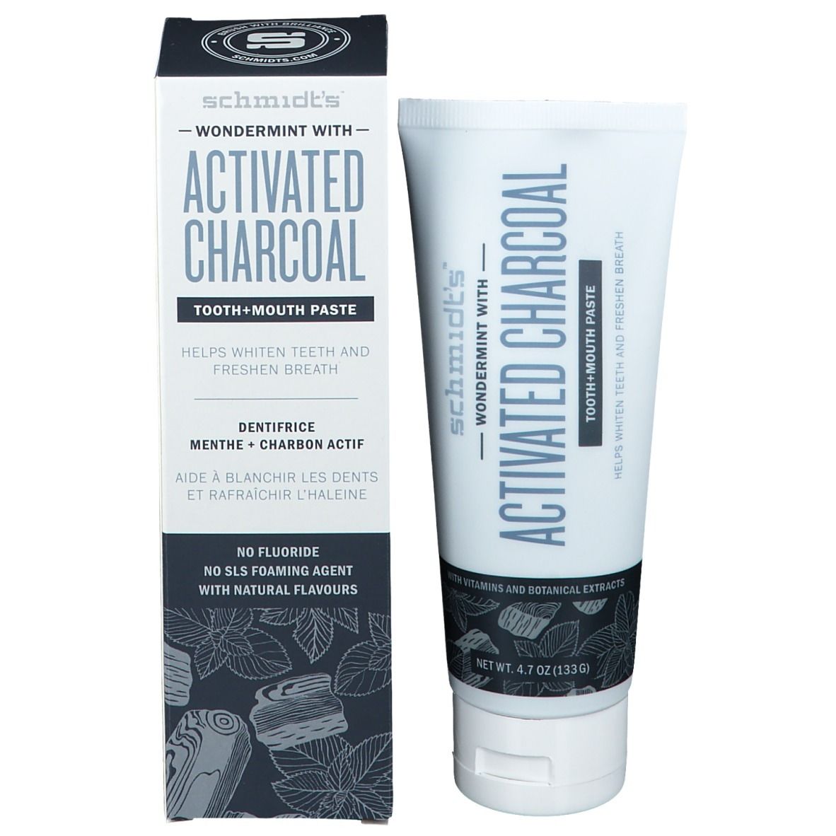 Zahncreme und Verpackung. Aufschrift: Activated Charcoal, hilft Zähne aufzuhellen und Atem zu erfrischen. Enthält keine Fluoride.