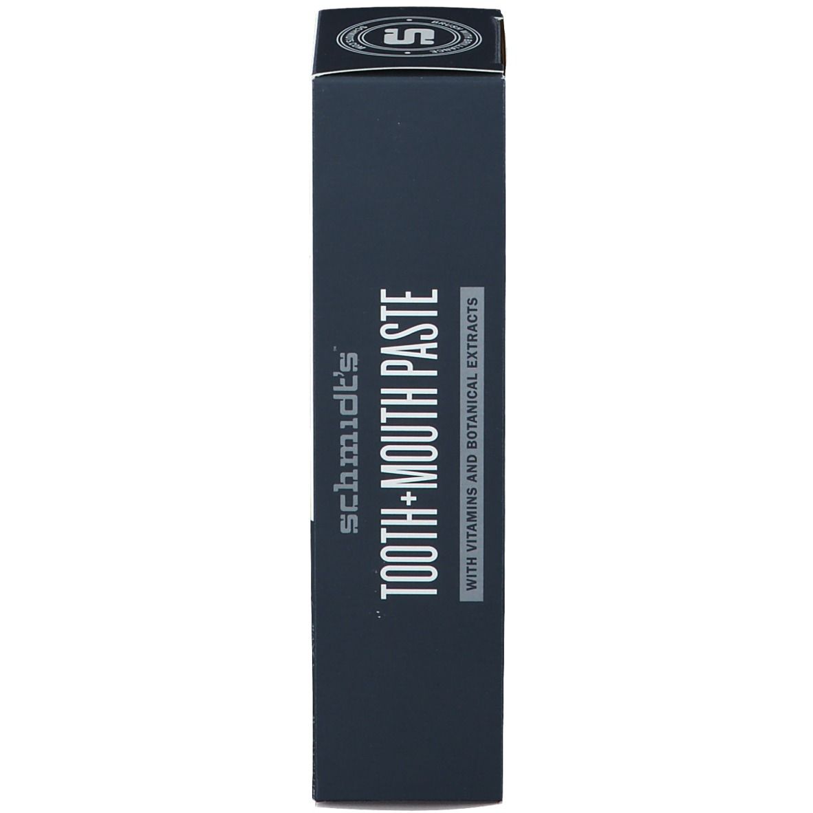 Schmale Verpackung der Zahncreme. Aufschrift: Tooth + Mouth Paste. Mit Vitaminen und botanischen Extrakten.