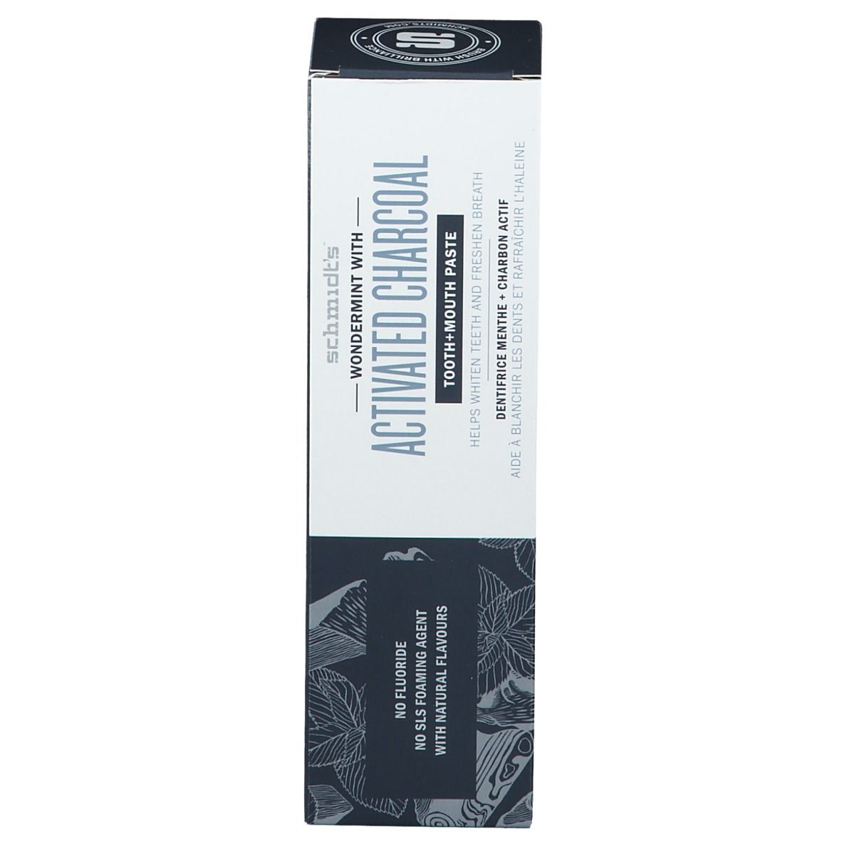 Verpackung der Zahncreme. Aufschrift: Activated Charcoal, hilft Zähne aufzuhellen und Atem zu erfrischen. Enthält keine Fluoride.