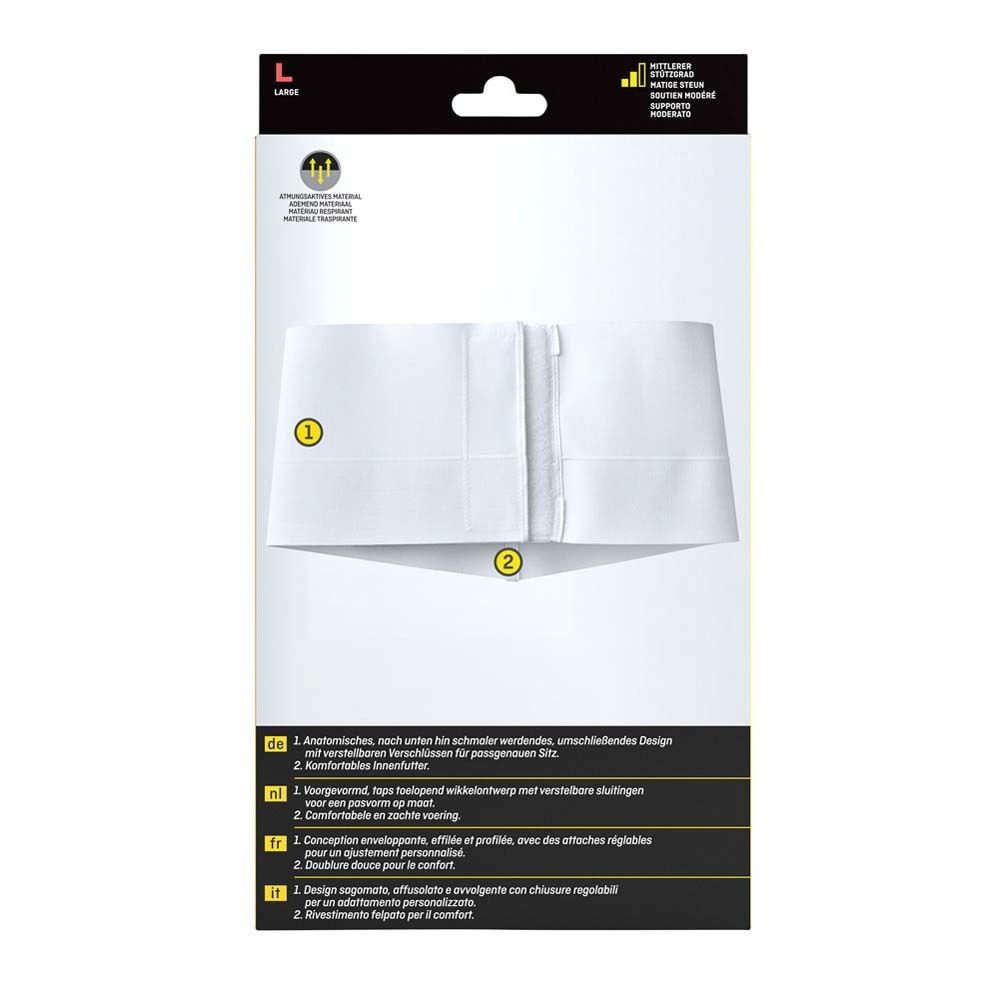 Rückseite der weißen Bauchstütze. Anatomisches Design, zwei nummerierte Bereiche.