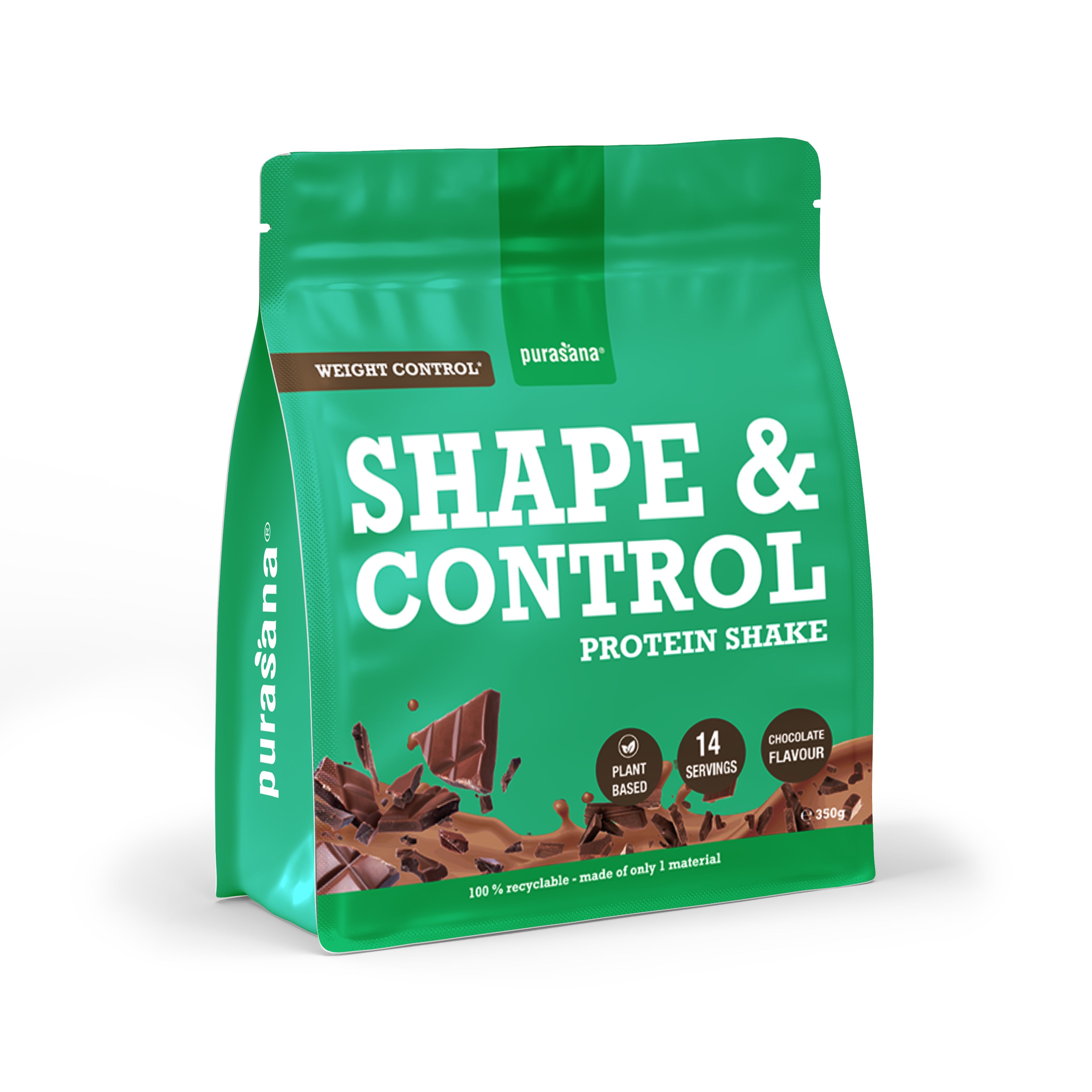 Boîte Purasana Shape & Control Shake Protéiné Chocolat, 350g. Avec image d'une femme et texte.