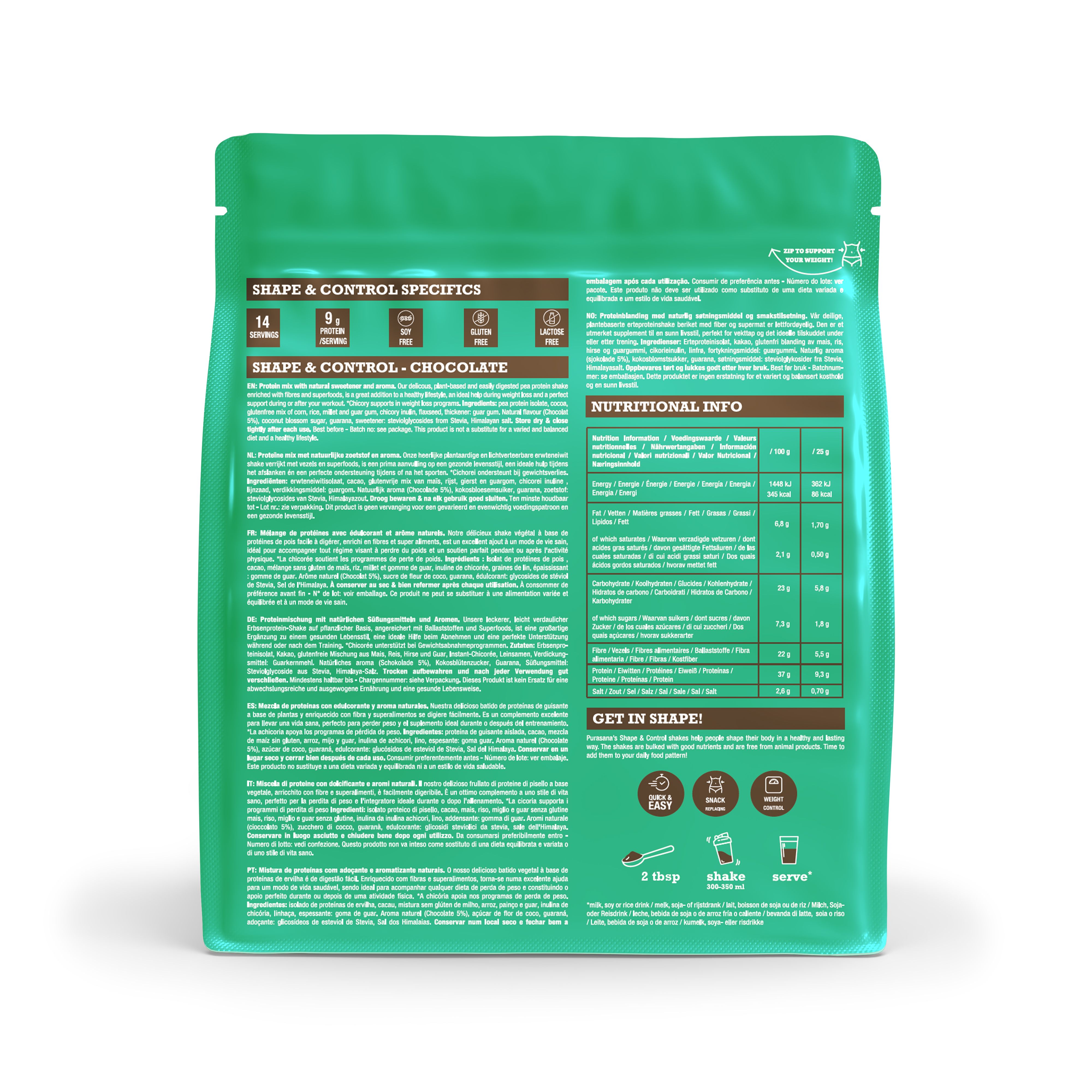 Dos d'une boîte Purasana Shape & Control Shake Protéiné Chocolat avec texte et informations nutritionnelles.