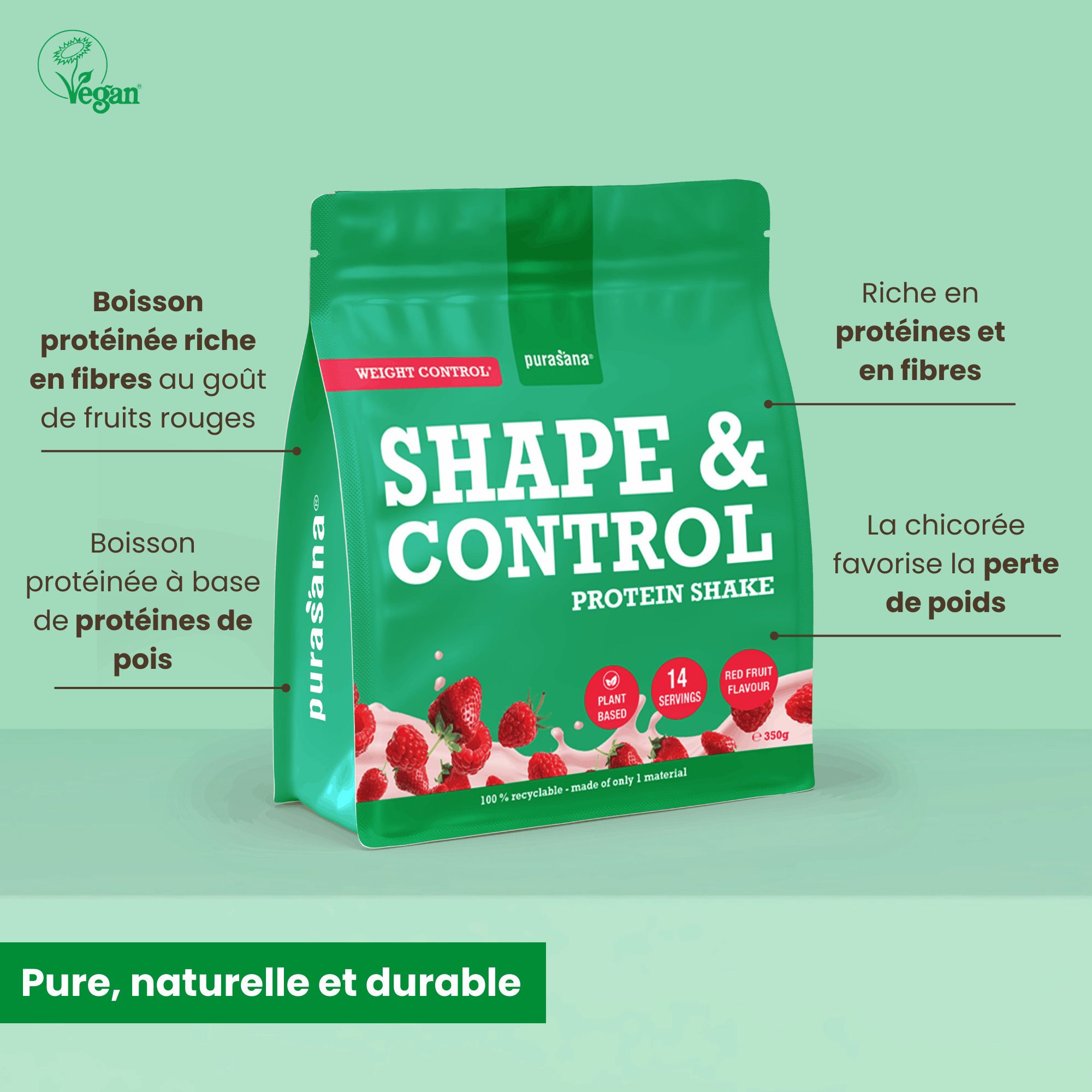 Côté d'une boîte Purasana Shape & Control Protein Shake avec tableau nutritionnel et icônes.