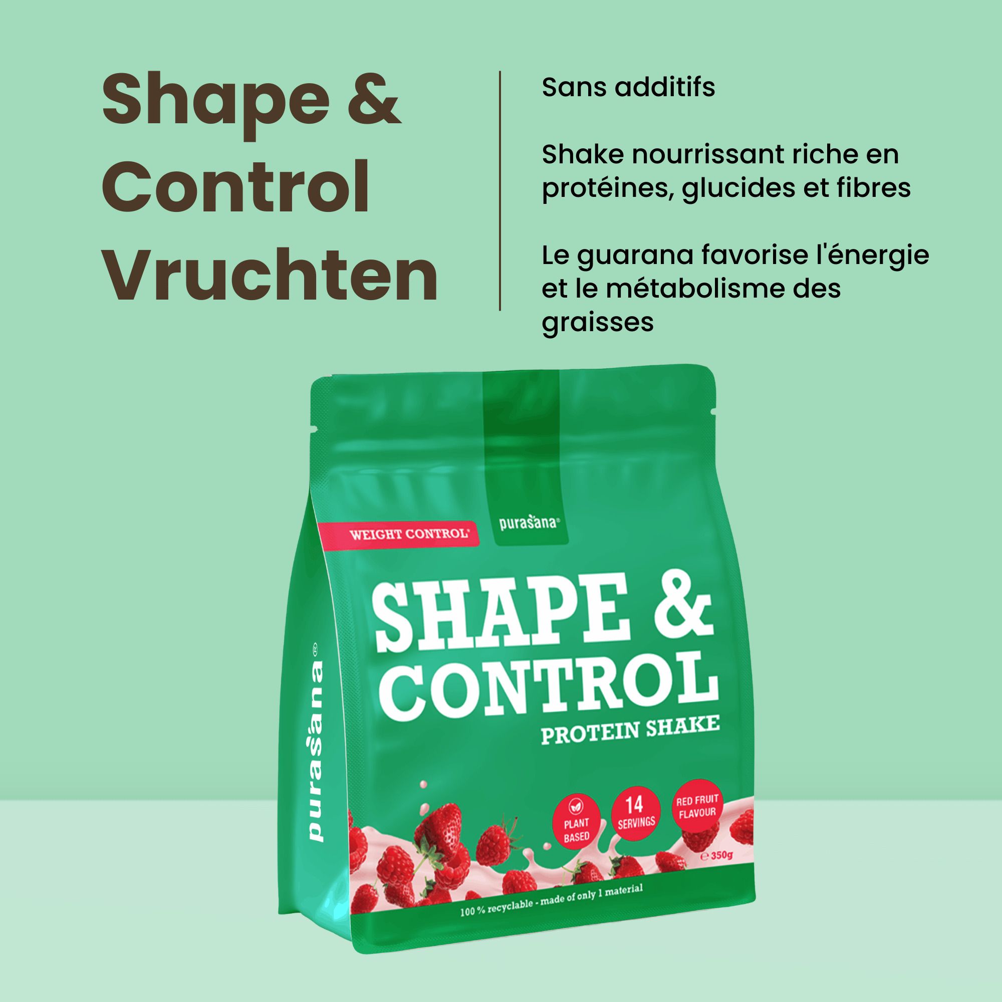 Boîte Purasana Shape & Control Protein Shake saveur fraise-framboise. 350g.