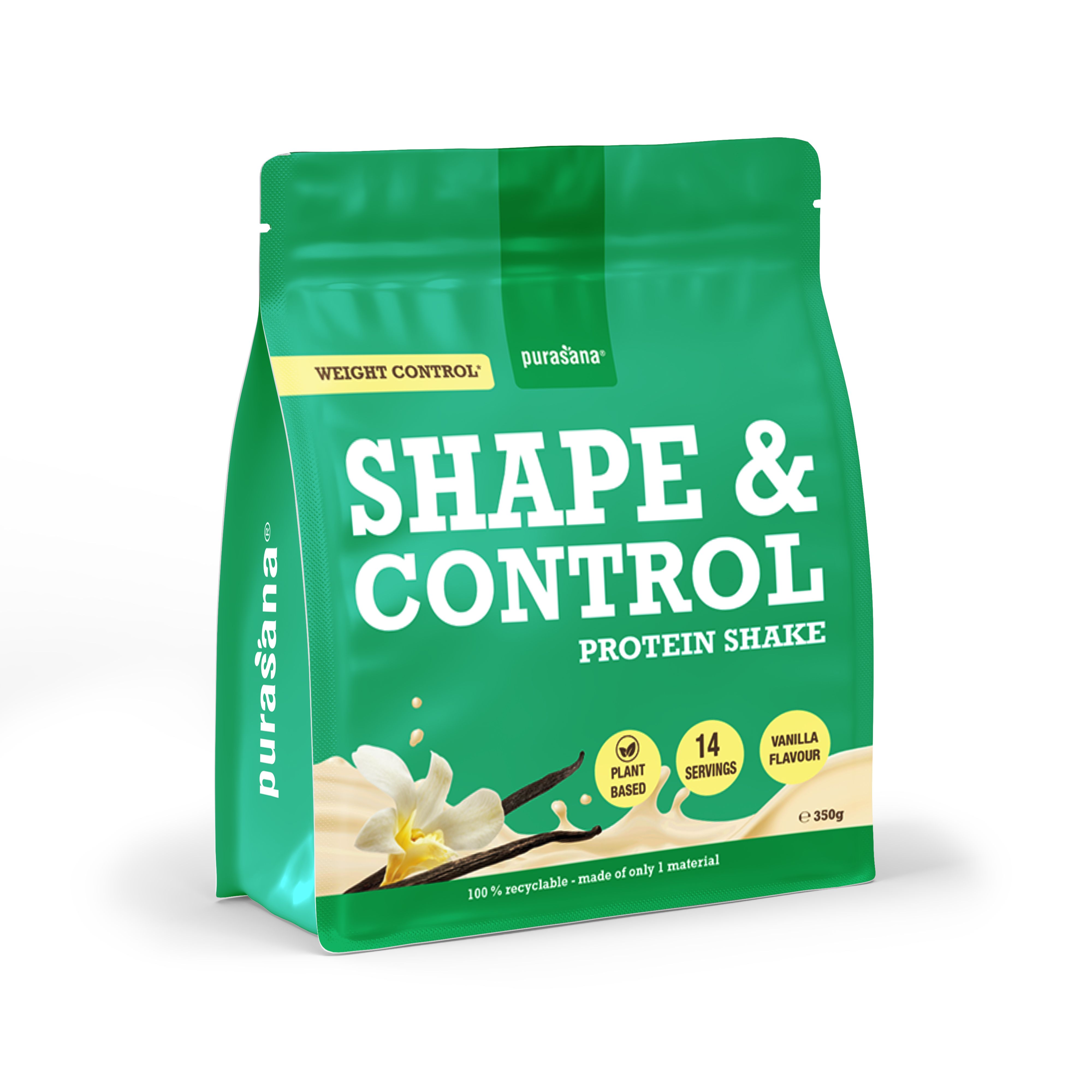 Boîte Purasana Shape & Control Shake Protéiné Vanille avec image d'une femme et informations nutritionnelles.