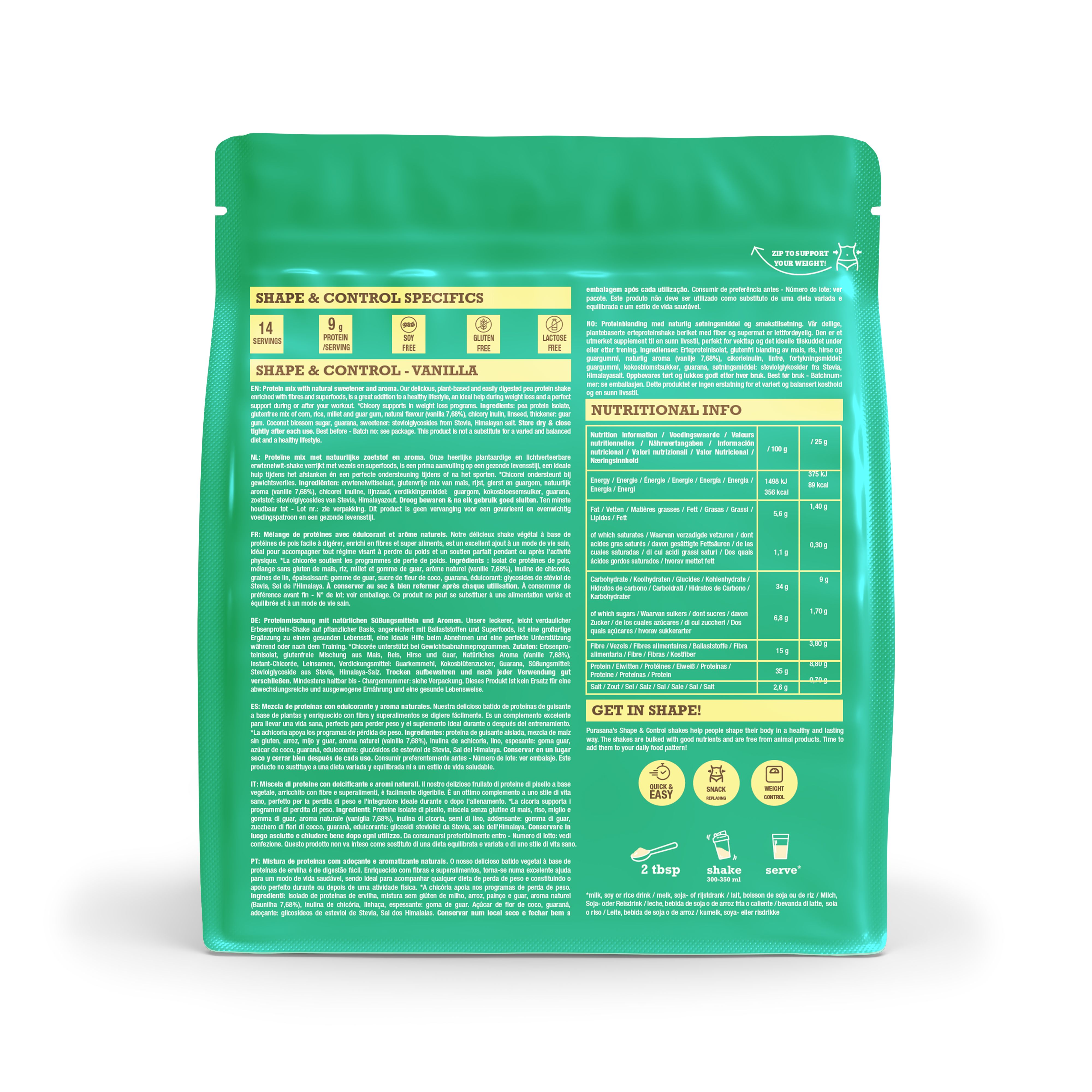 Dos de la boîte Purasana Shape & Control Shake Protéiné Vanille avec description du produit en plusieurs langues.