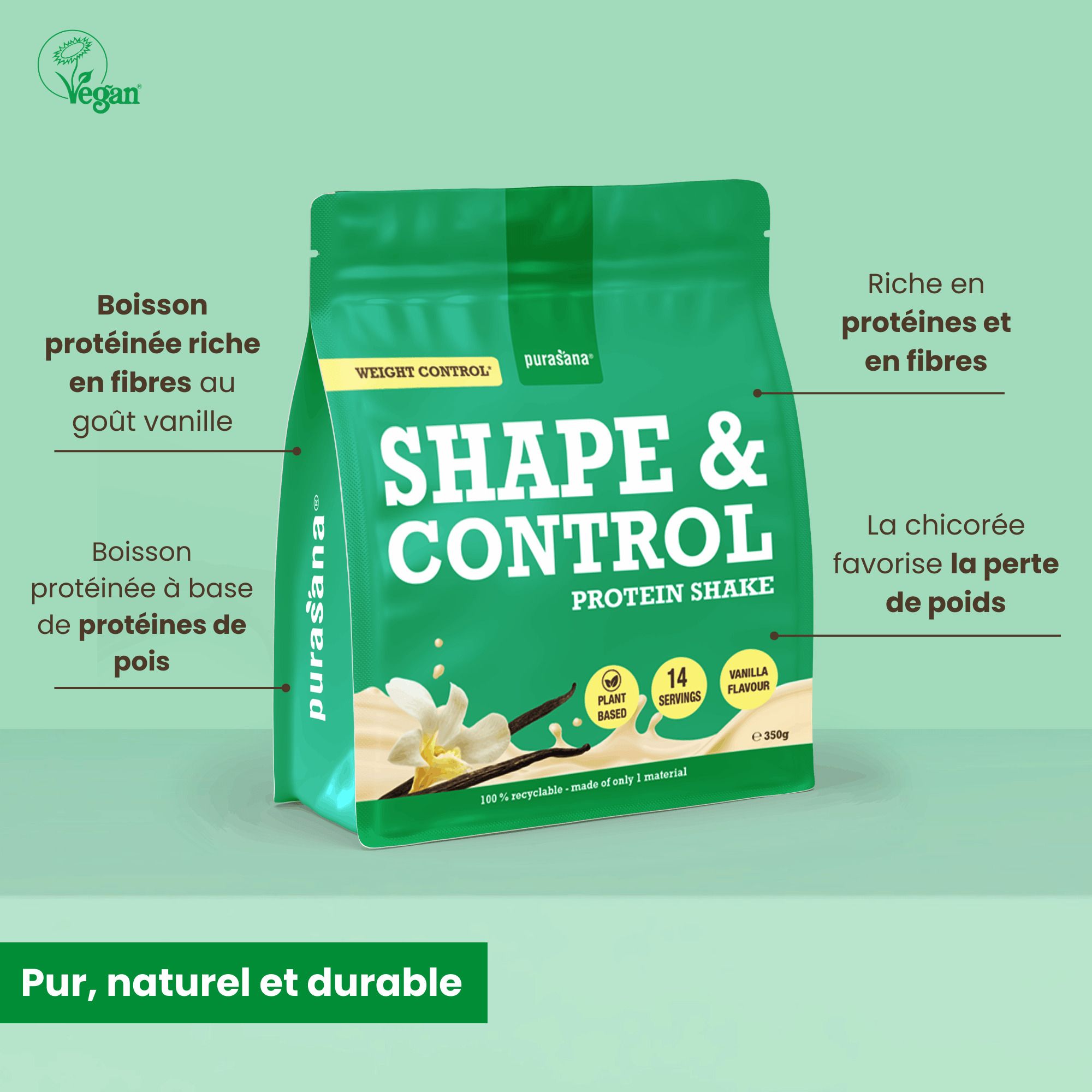 Côté de la boîte Purasana Shape & Control Shake Protéiné Vanille avec icônes et tableau nutritionnel.