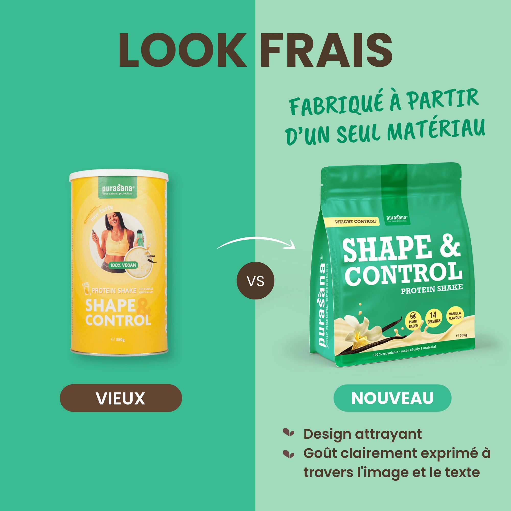 Sachet Purasana Shape & Control Shake Vanille mettant en avant les protéines et fibres.