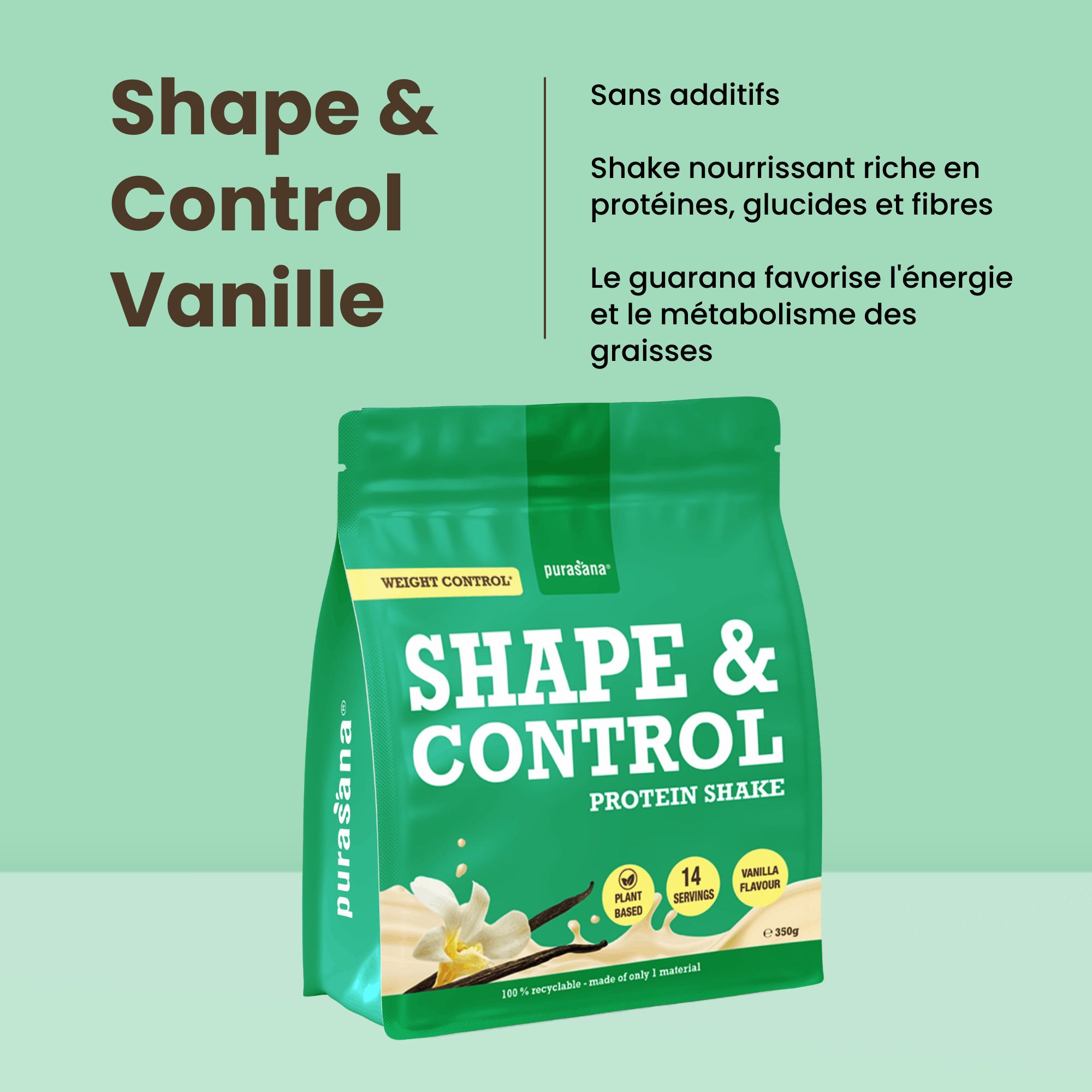 Sachet Purasana Shape & Control Shake Protéiné Vanille avec fleurs et gousses de vanille.