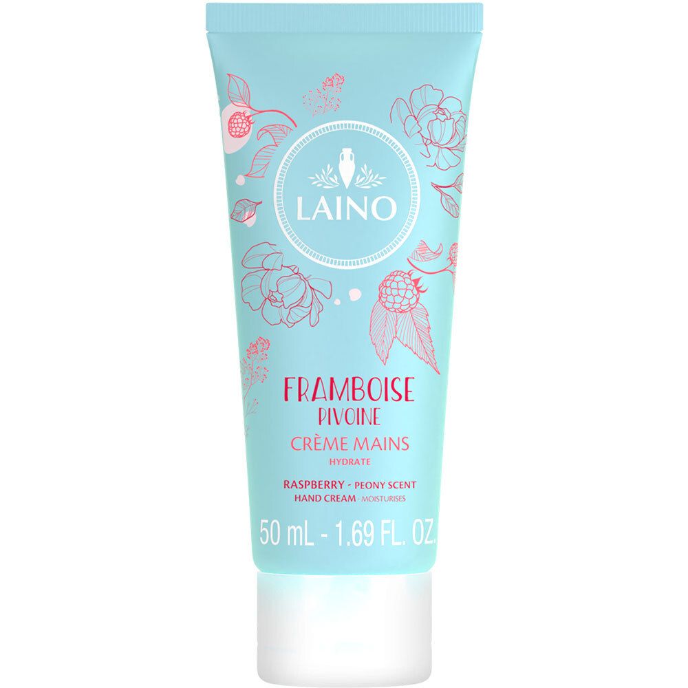 Türkisfarbene Tube mit Aufdrucken. LAINO-Logo, Produktname, Himbeer- und Pfingstrosen-Illustrationen. Text: Crème Mains, 50 ml.