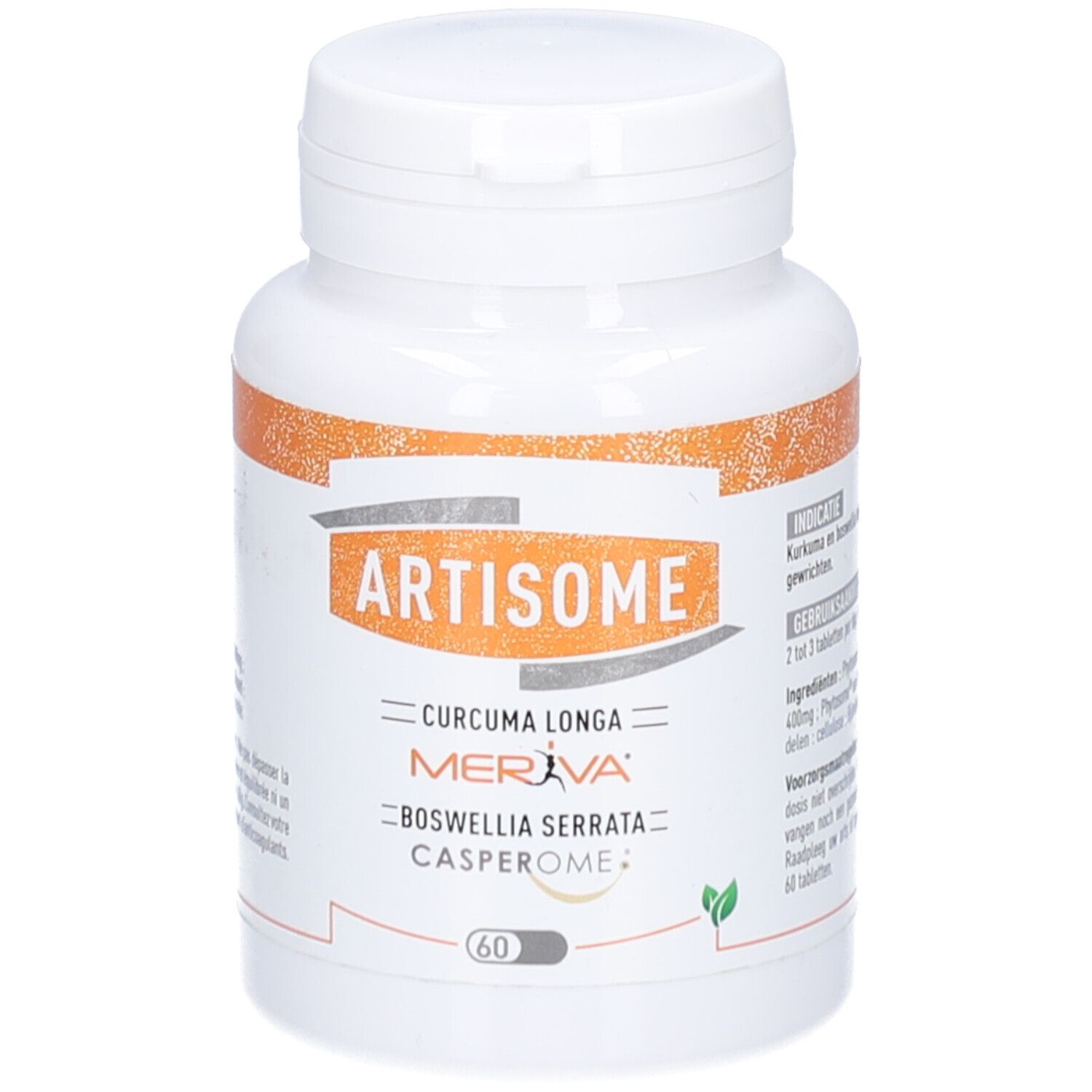 Weiße Tablettenflasche mit orangefarbenem Etikett. Aufschrift: ARTISOME, Curcuma Longa, Meriva, Boswellia Serrata, Casperome. 60 Tabletten.