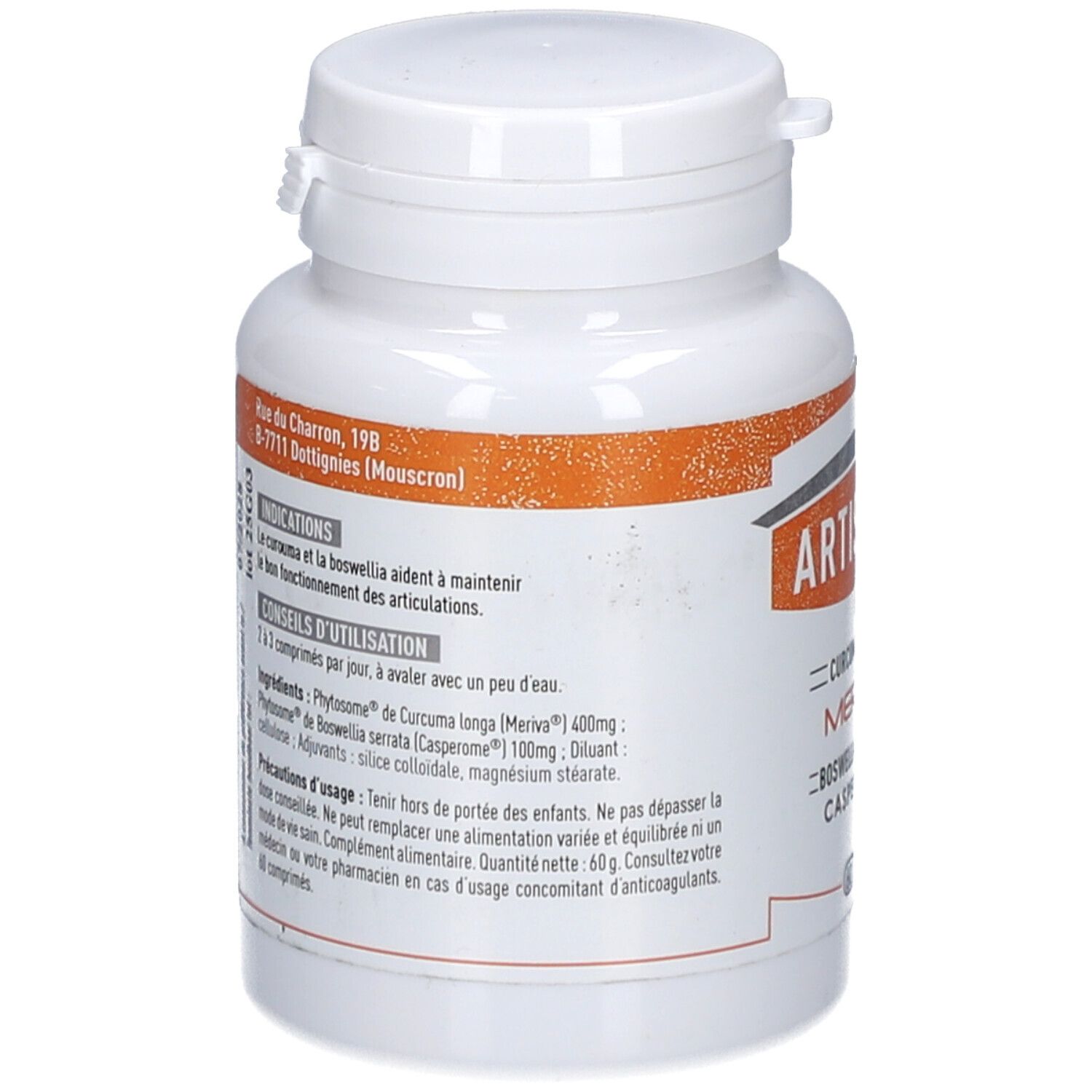 Rückseite der weißen Tablettenflasche mit orangefarbenem Etikett. Text: ARTISOME, Inhaltsstoffe, Dosierung, Warnhinweise. 60 Tabletten.