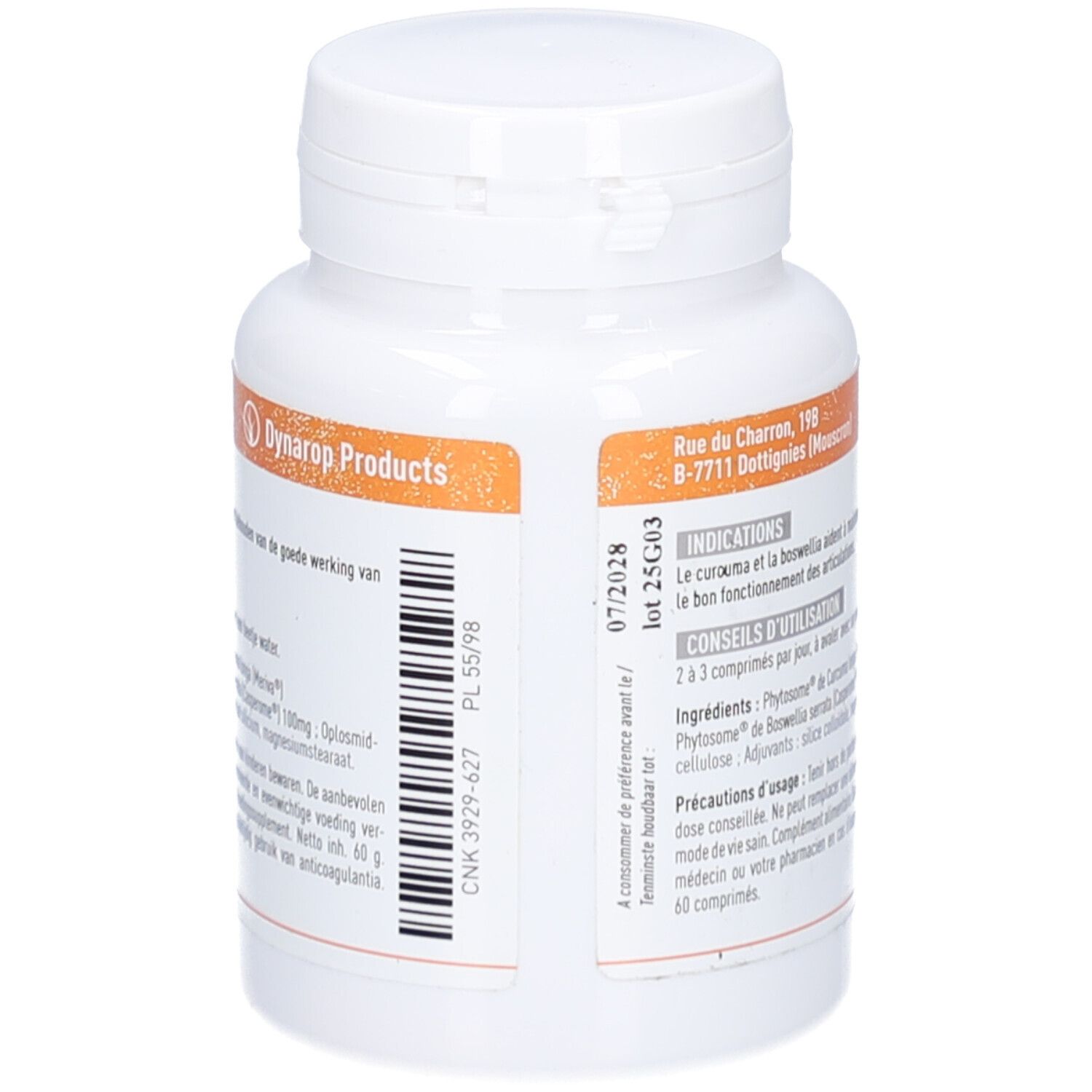 Rückseite der weißen Tablettenflasche mit orangefarbenem Etikett. Text: Dynarop Products, Mindesthaltbarkeitsdatum, Chargennummer. 60 Tabletten.