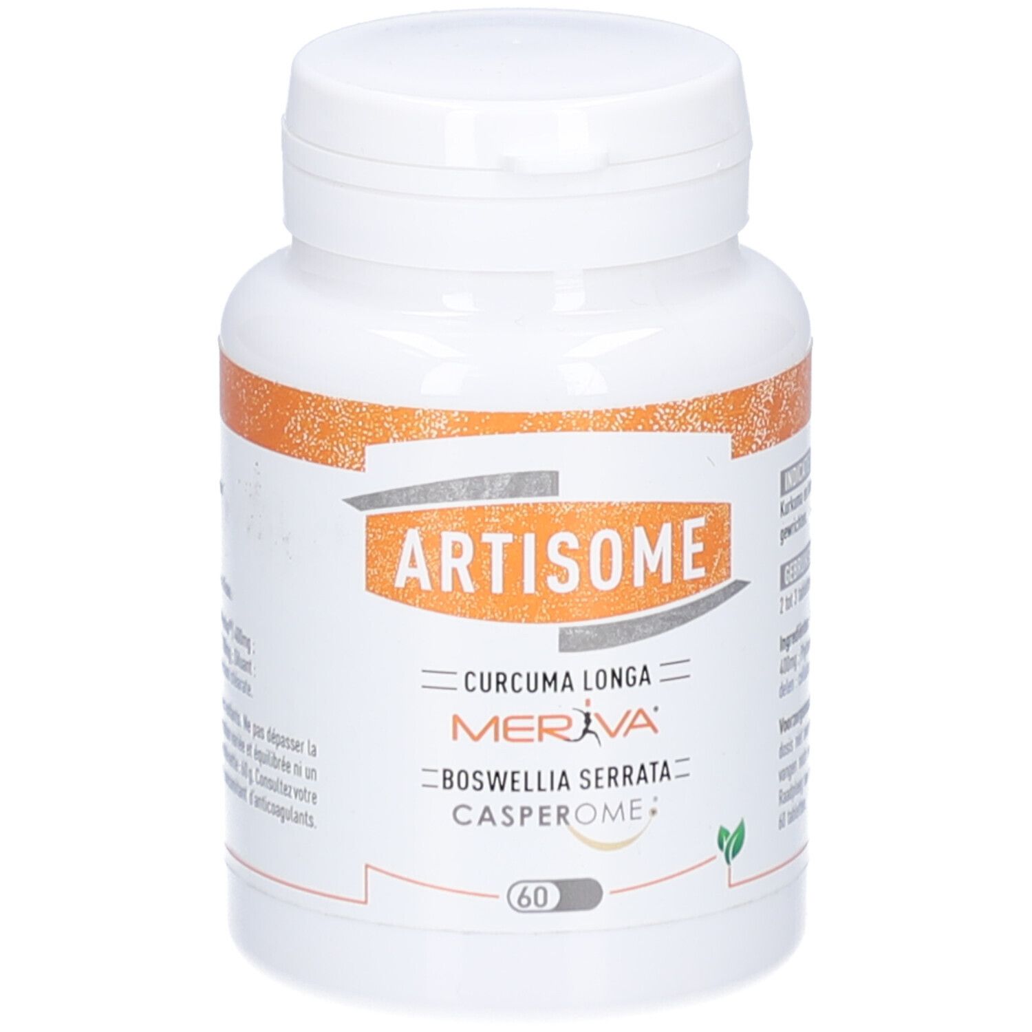 Weiße Tablettenflasche mit orangefarbenem Etikett. Aufschrift: ARTISOME, Curcuma Longa, Meriva, Boswellia Serrata, Casperome. 60 Tabletten.