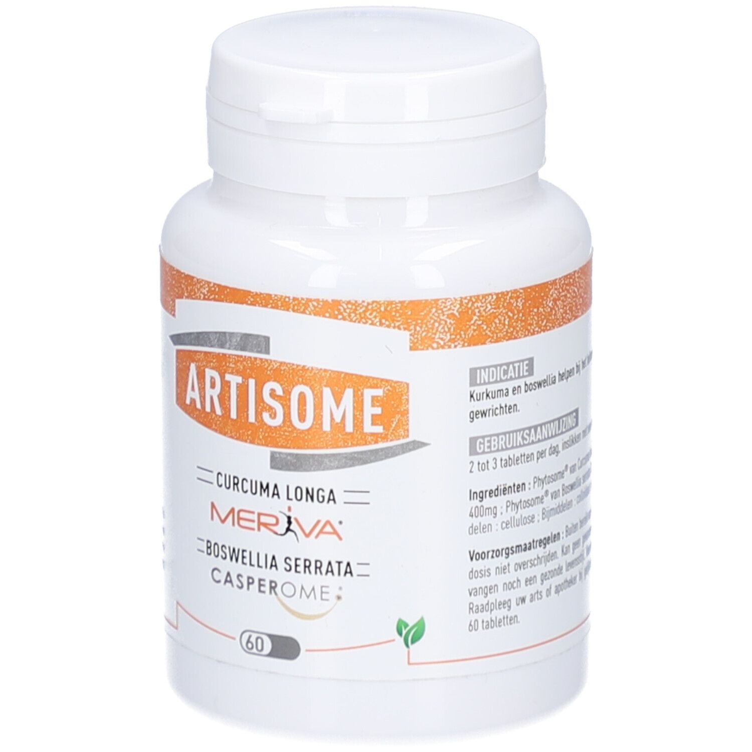 Weiße Tablettenflasche mit orangefarbenem Etikett. Aufschrift: ARTISOME, Curcuma Longa, Meriva, Boswellia Serrata, Casperome. 60 Tabletten.