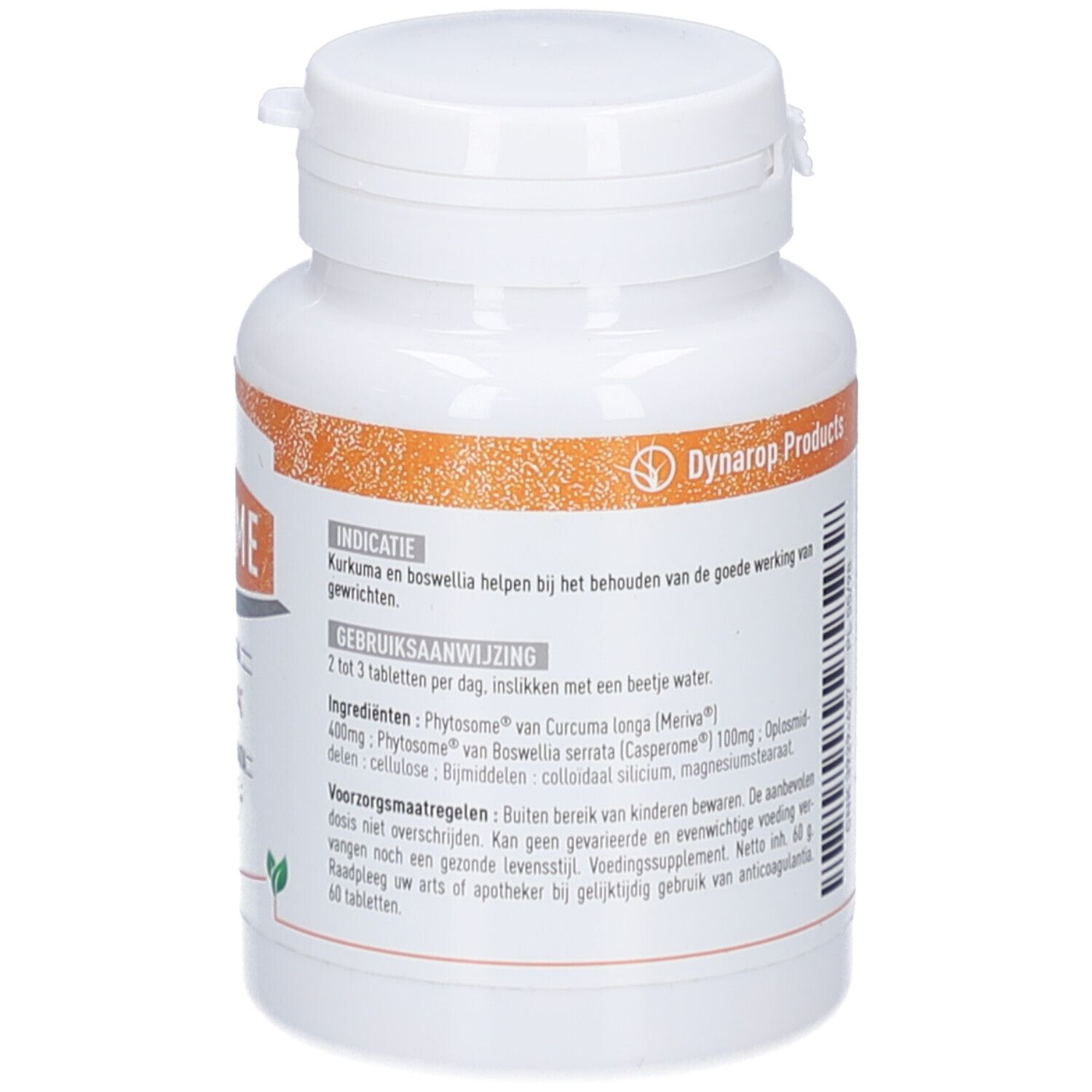 Rückseite der weißen Tablettenflasche mit orangefarbenem Etikett. Text: ARTISOME, Gebrauchsanweisung, Inhaltsstoffe, Warnhinweise. 60 Tabletten.