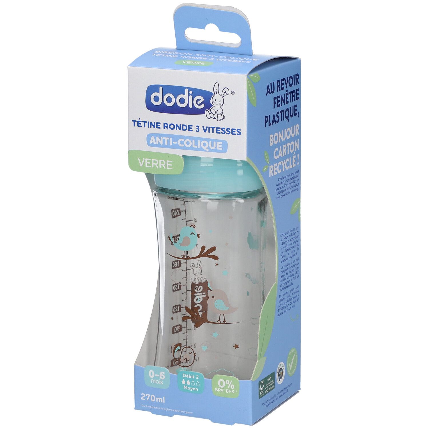Babyflasche mit blauem Deckel und Vogel-Dekor in Verpackung. Text: dodie, Tétine ronde 3 vitesses, Anti-colique, Verre.