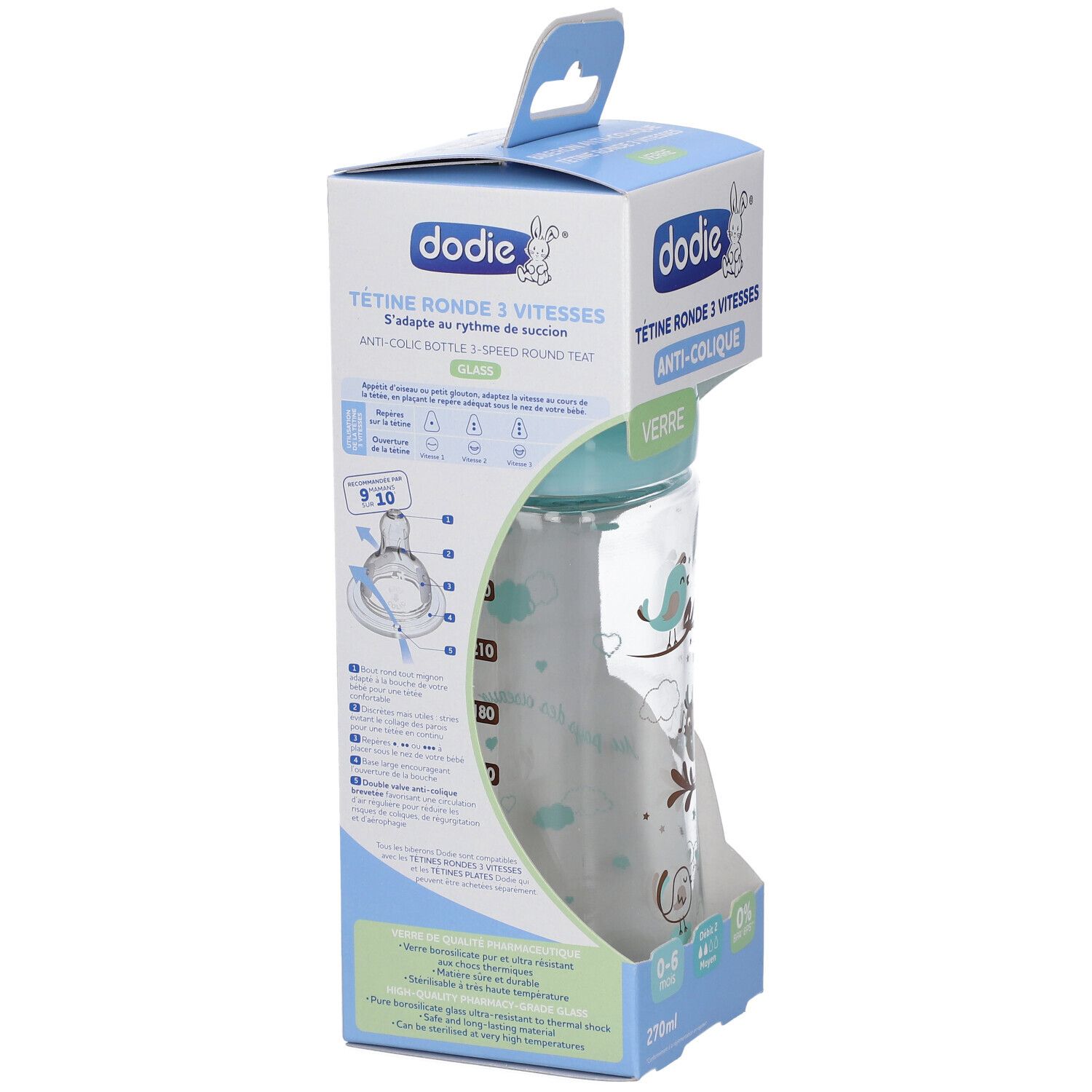 Babyflasche in Verpackung. Aufdrucke: dodie, Tétine ronde 3 vitesses, Anti-colique, Verre. Illustrationen zur Anwendung.