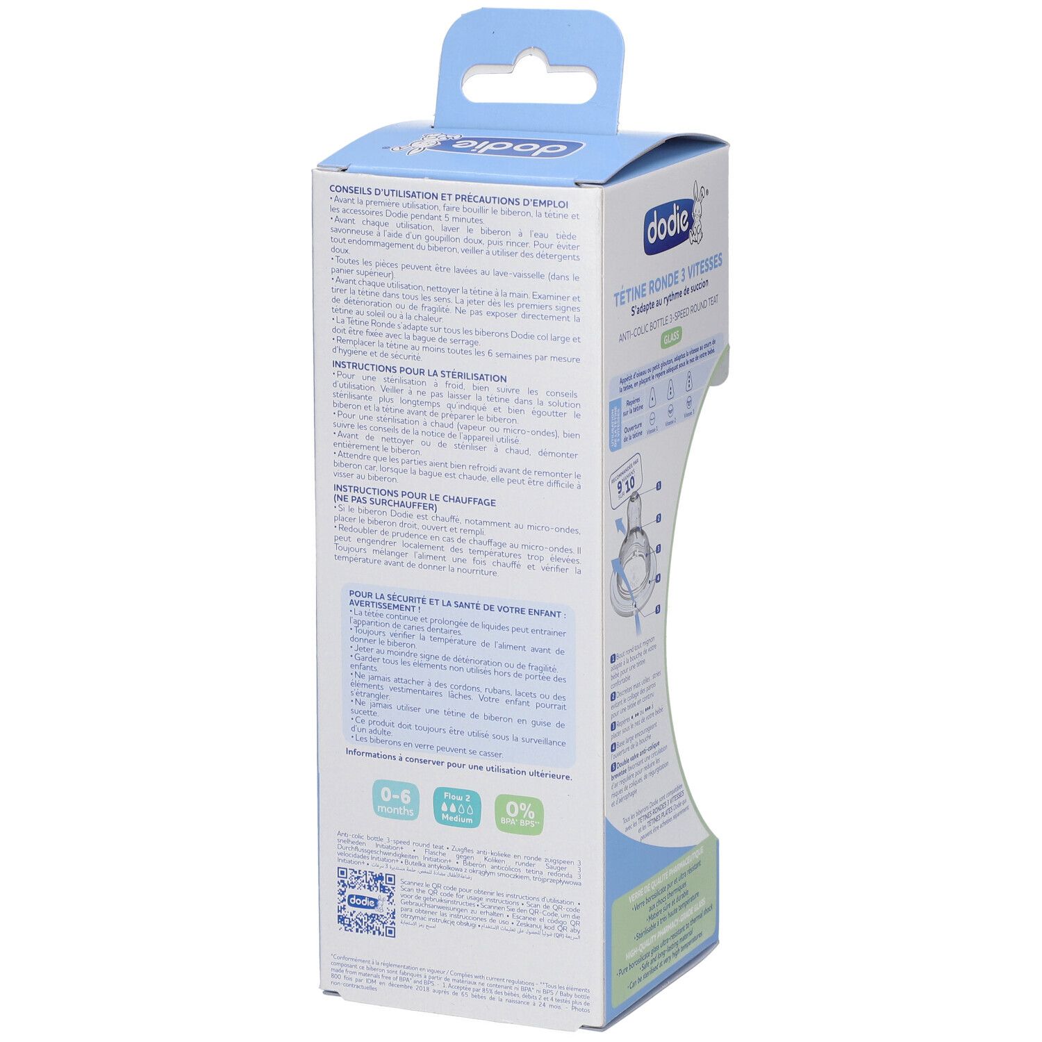 Verpackung mit Text: dodie, Tétine ronde 3 vitesses, Anti-colique, Verre. Informationen zur Anwendung und Sicherheit.