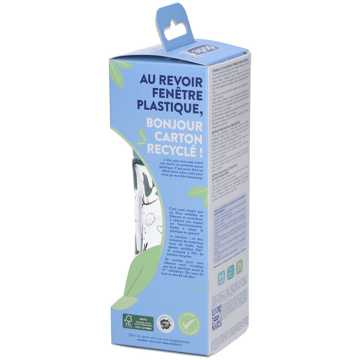 Verpackung mit Text: dodie, Tétine ronde 3 vitesses, Anti-colique, Verre. Text über Recycling.