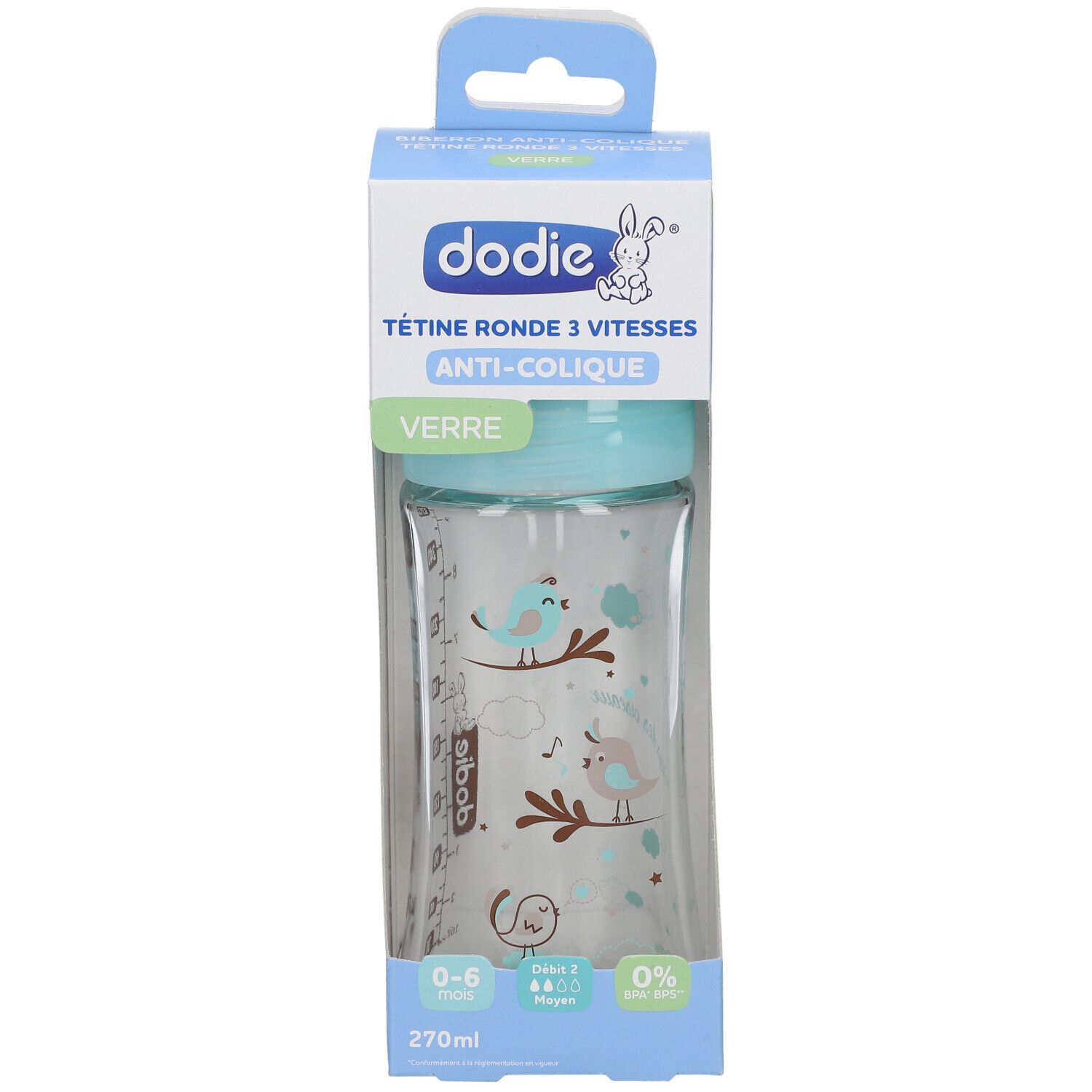 Babyflasche mit blauem Deckel und Vogel-Dekor in Verpackung. Text: dodie, Tétine ronde 3 vitesses, Anti-colique, Verre.