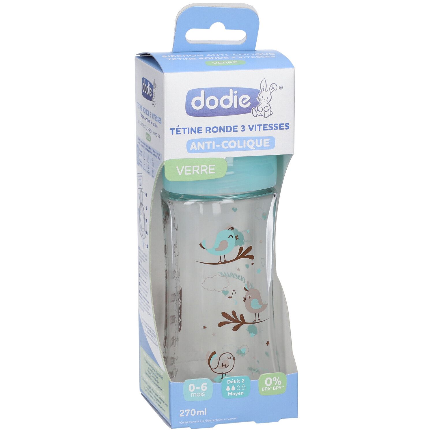 Babyflasche mit blauem Deckel und Vogel-Dekor in Verpackung. Text: dodie, Tétine ronde 3 vitesses, Anti-colique, Verre.