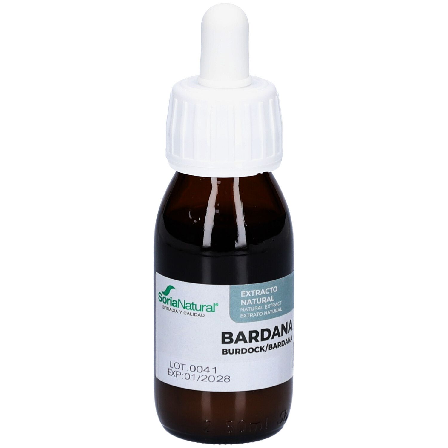 Braune Glasflasche mit weißem Deckel und Pipette. Etikett mit Produktnamen und Logo.