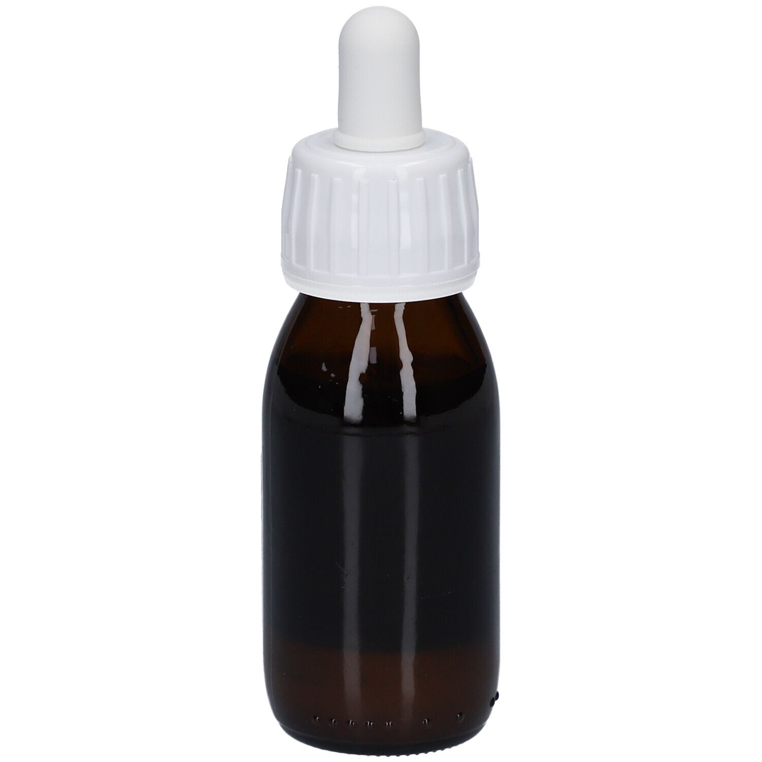 Braune Glasflasche mit weißem Deckel und Pipette. Flüssigkeit sichtbar.