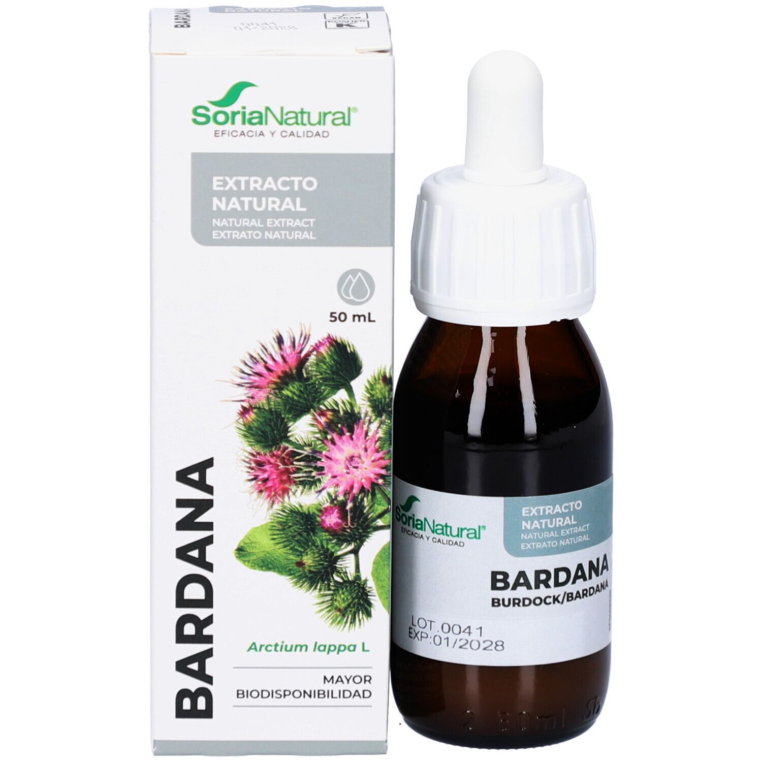 Produktflasche neben Verpackung. Flasche mit Pipette, Verpackung mit Produktnamen und Logo.