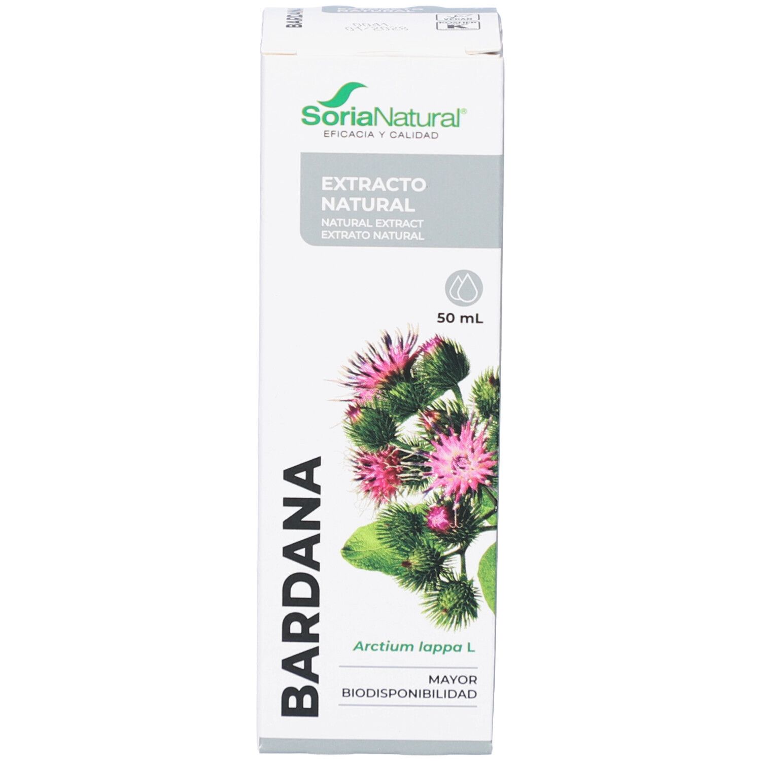 Weiße Verpackung mit Produktnamen und Logo. Abbildung einer Distelblüte.