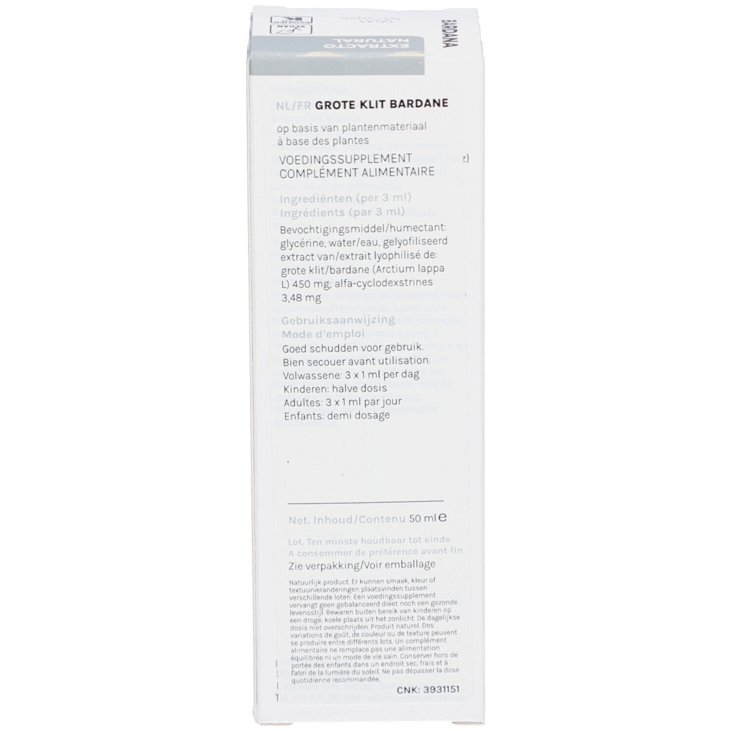 Verpackung, Text in niederländischer Sprache. Produktinformationen und Herstellerangaben.