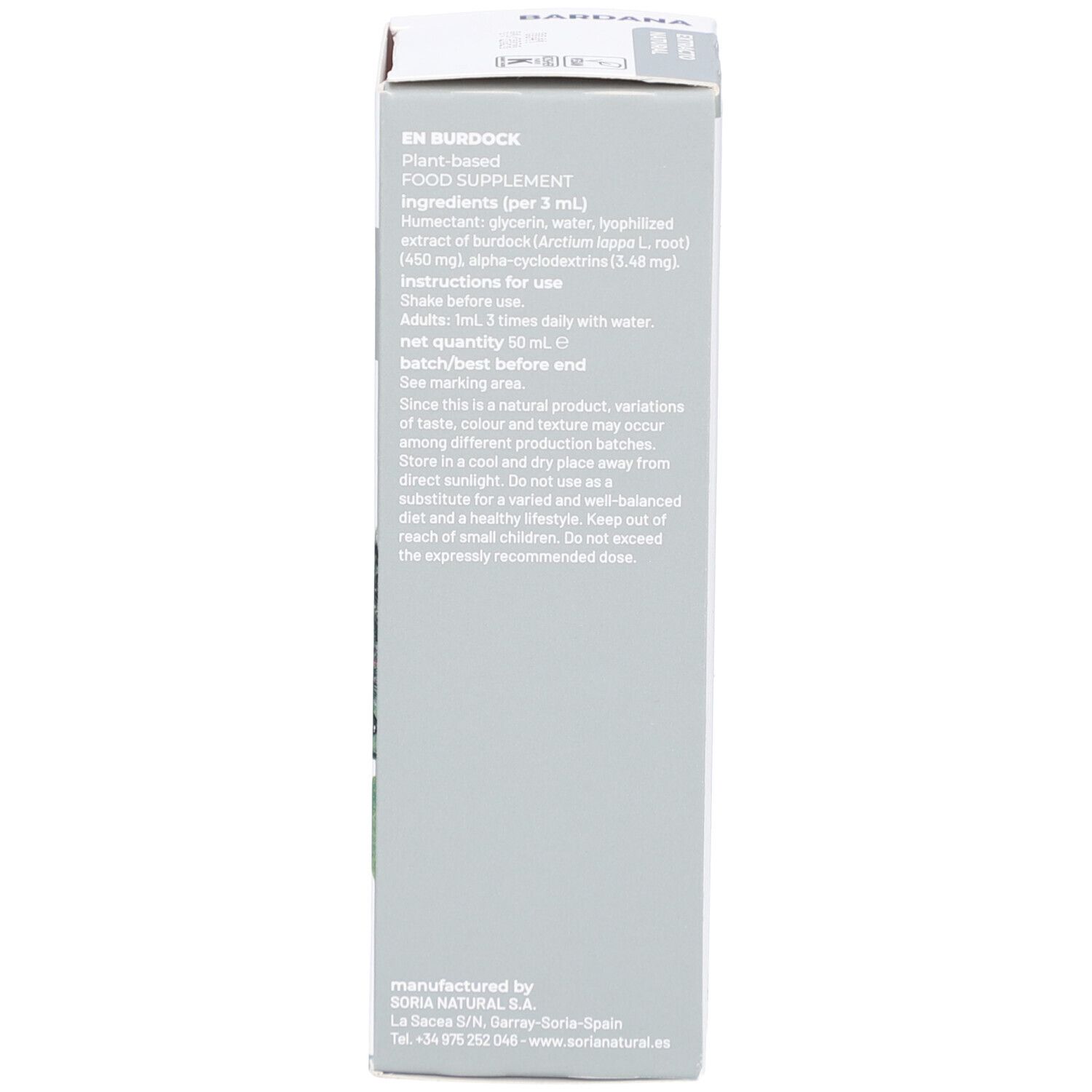 Verpackung, Text in englischer Sprache. Produktinformationen und Herstellerangaben.