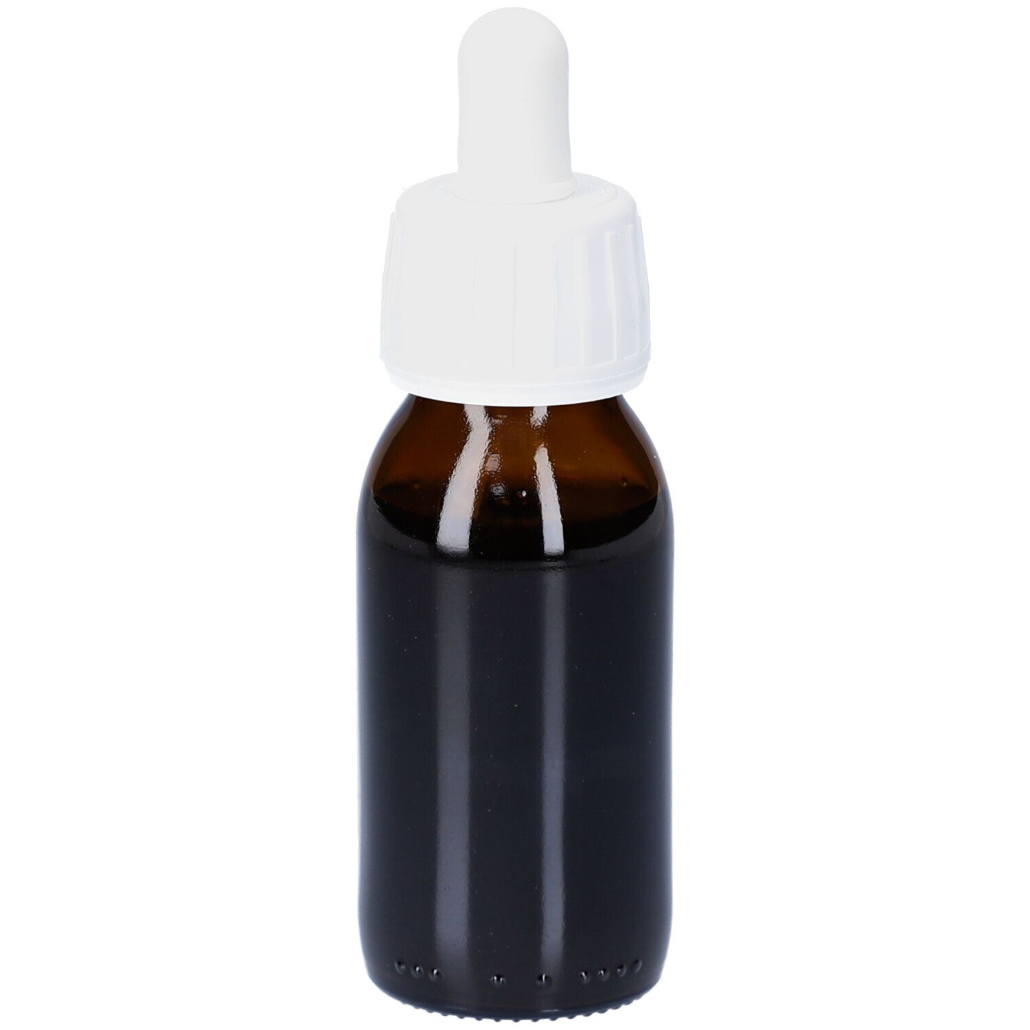 Flacon en verre brun avec bouchon blanc et pipette. Liquide foncé visible. Soria Natural.