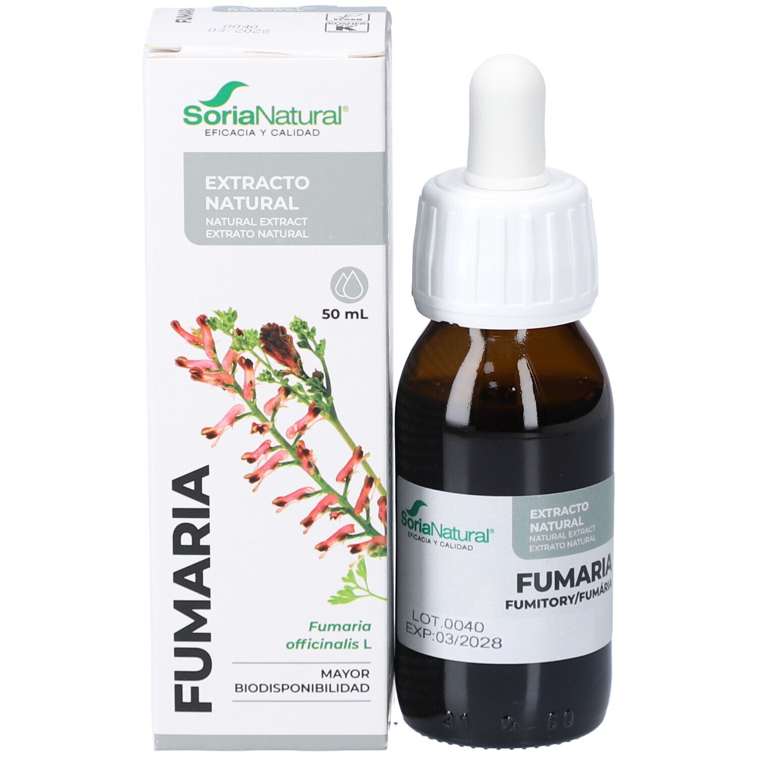 Flacon brun avec bouchon blanc et pipette à côté d'une boîte. Nom du produit et marque visibles.