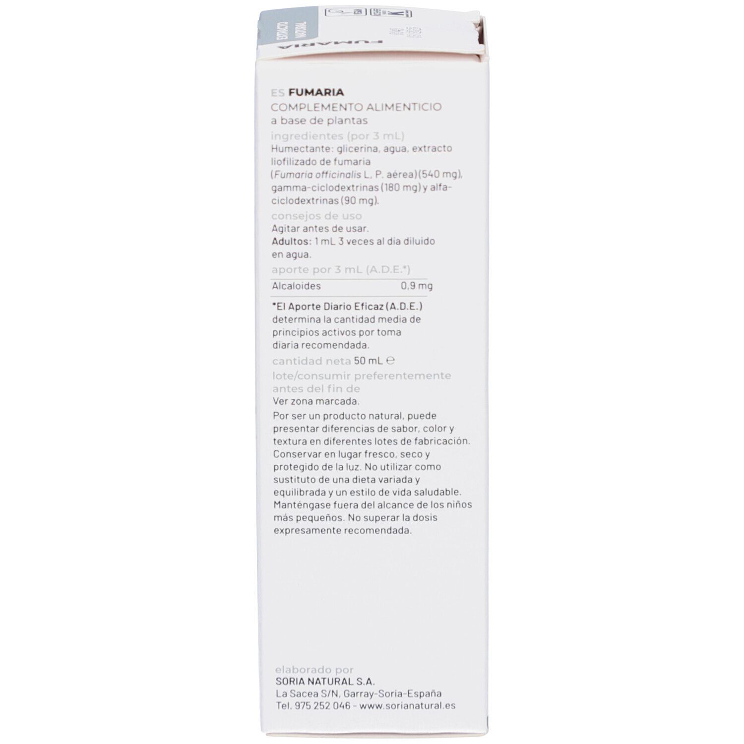 Dos d'une boîte blanche avec texte. Informations sur le produit et coordonnées du fabricant.