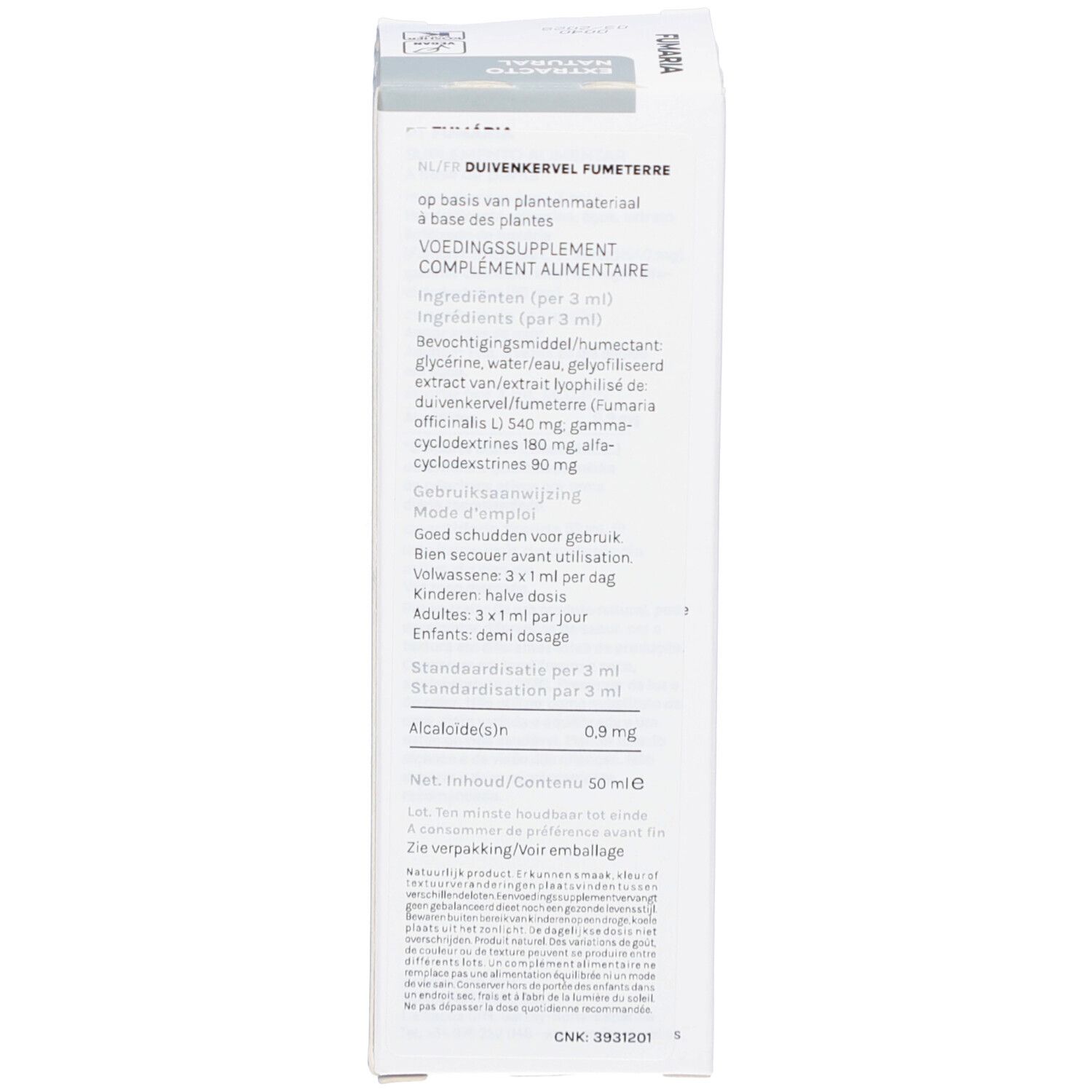 Dos d'une boîte blanche avec texte. Informations sur le produit et coordonnées du fabricant.