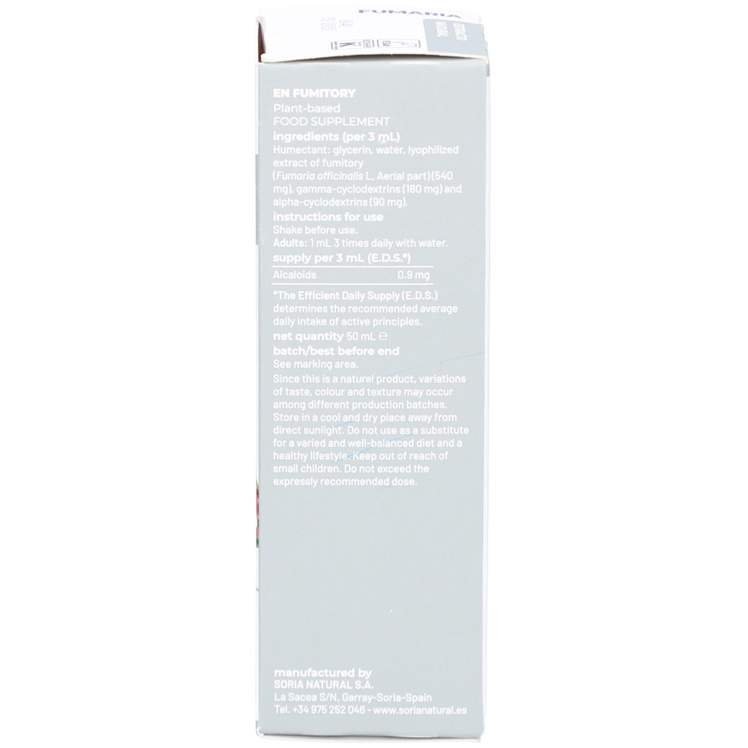 Dos d'une boîte blanche avec texte. Informations sur le produit et coordonnées du fabricant.