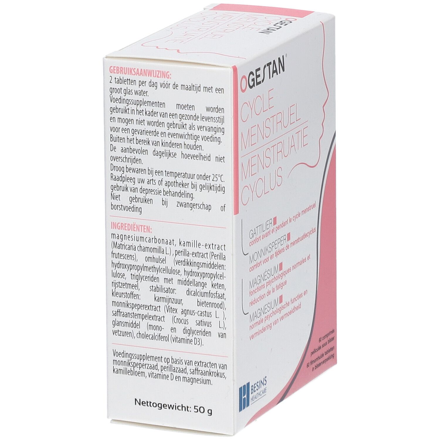 Ogestan Cycle Menstruel-Verpackung. Seitenansicht mit Inhaltsstoffen und Gebrauchsanweisung. 50g.