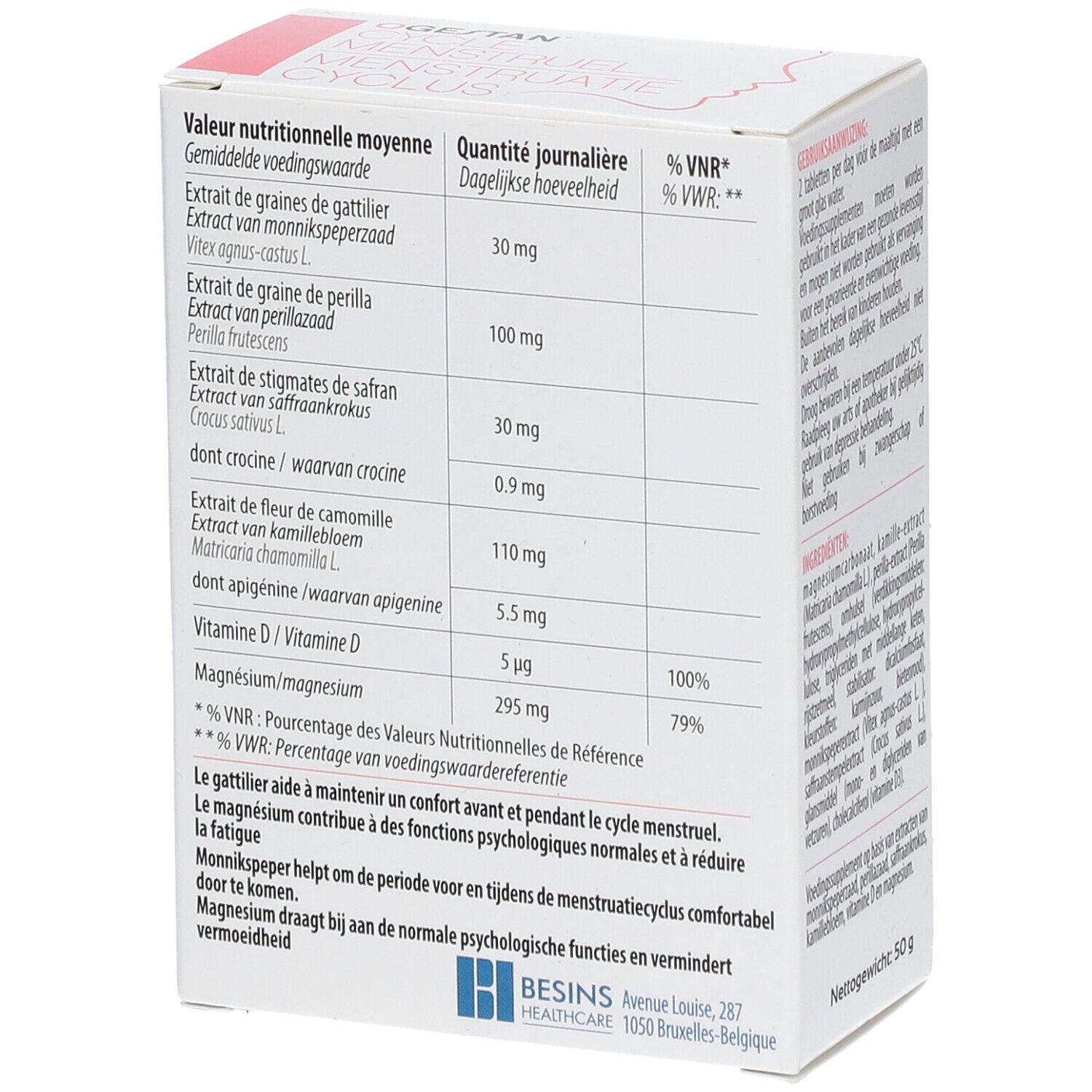 Ogestan Cycle Menstruel-Verpackung. Rückseite mit Nährwertangaben. Enthält Vitamine und Mineralien.